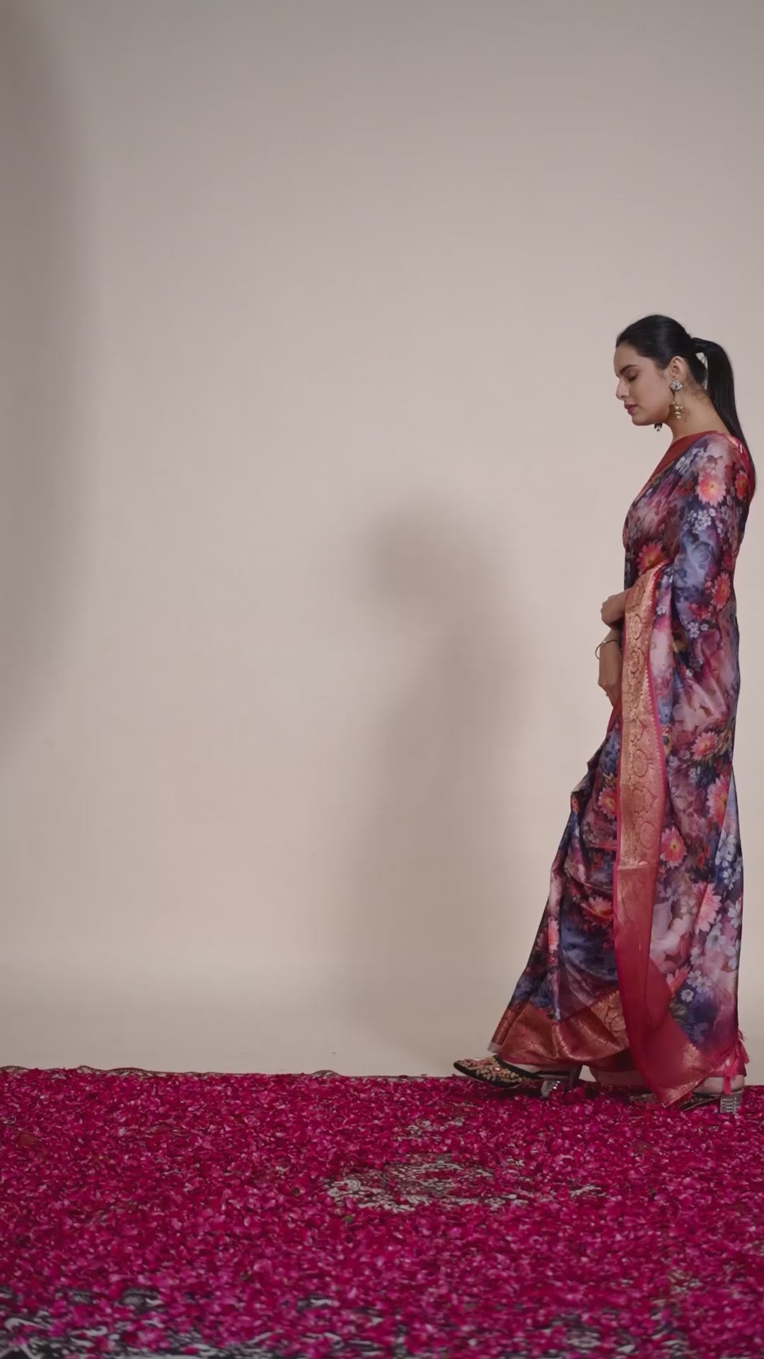 Premium Soft Silk Floral Printed Saree with Rich Rose Gold Zari Woven Border