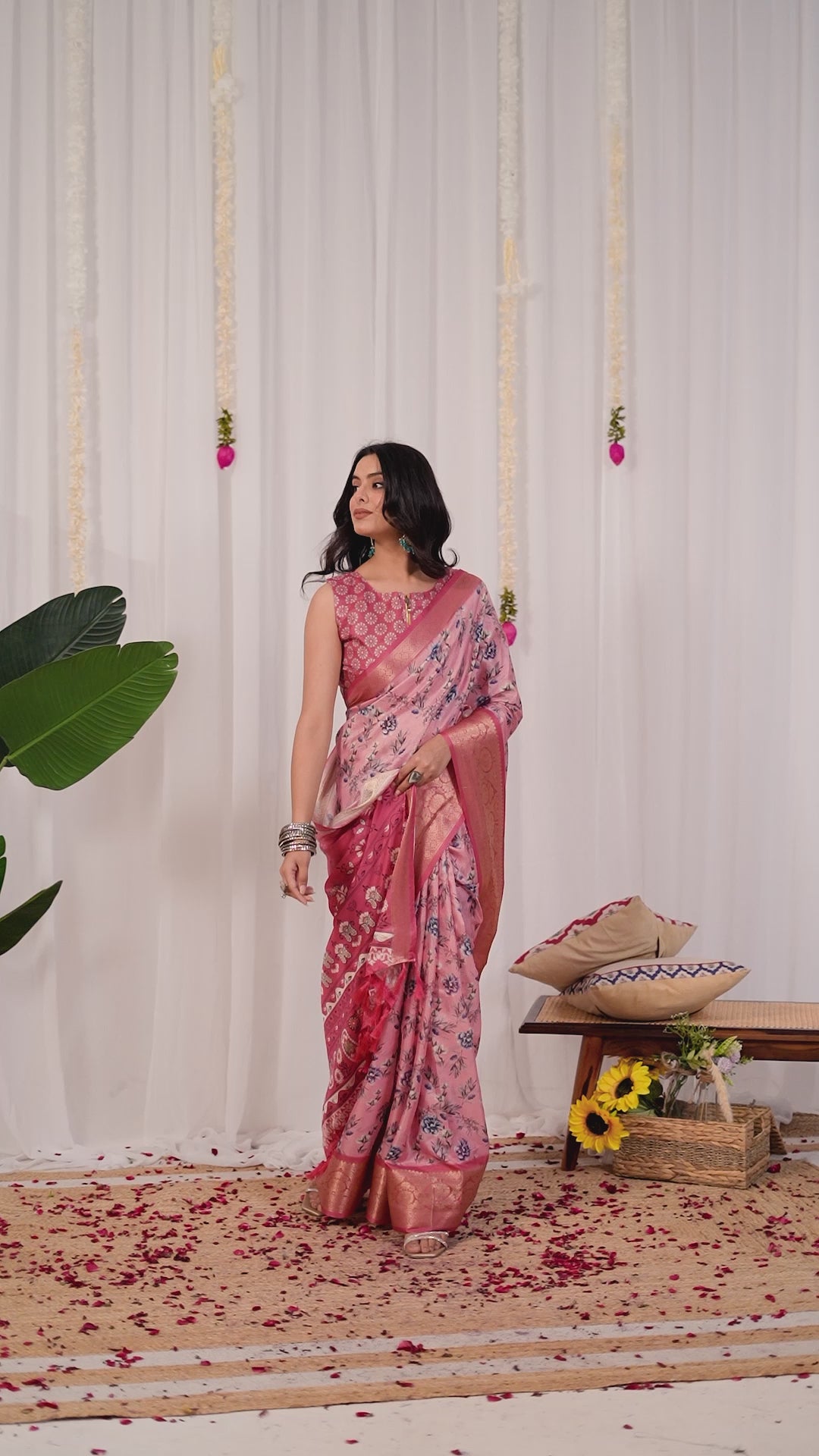 Premium Soft Silk Floral Printed Saree with Rich Pink Zari Woven Border