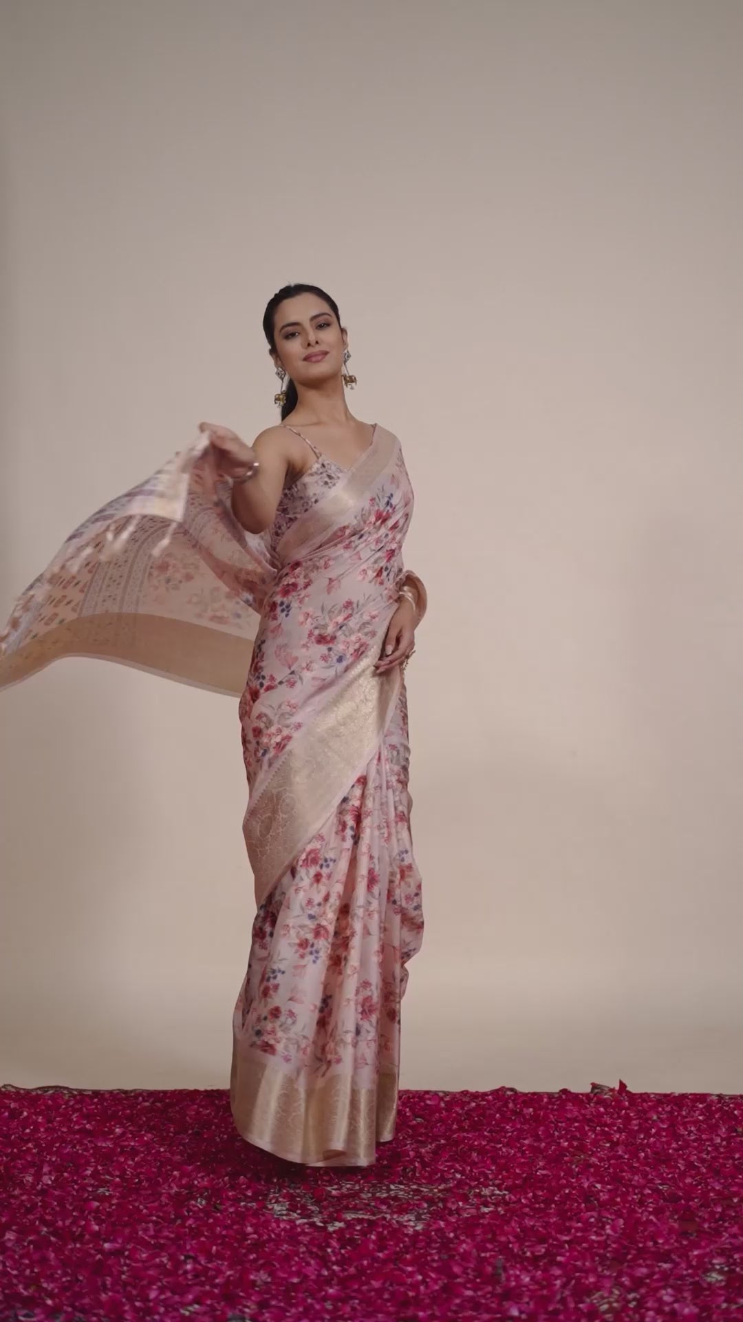 Premium Soft Silk Floral Printed Saree with Rich Gold Zari Woven Border