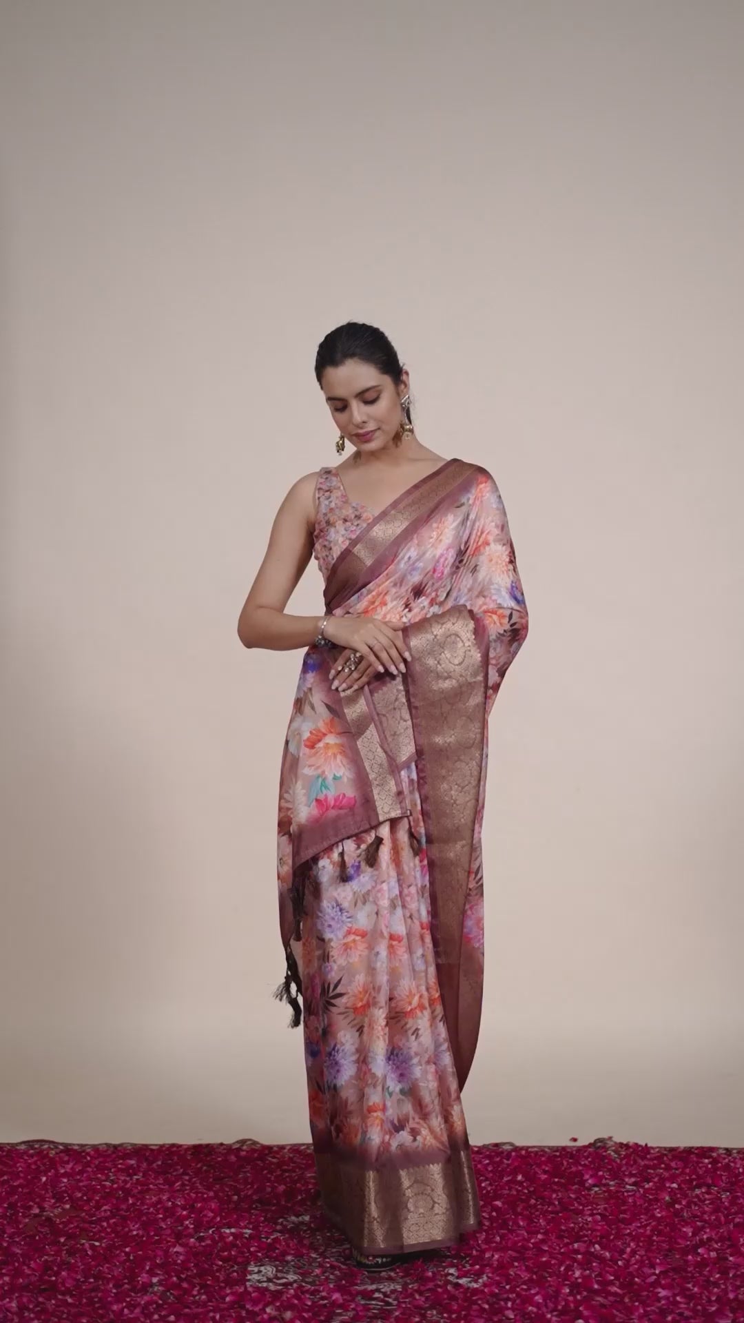 Premium Soft Silk Floral Printed Saree with Rich Rose Gold Zari Woven Border