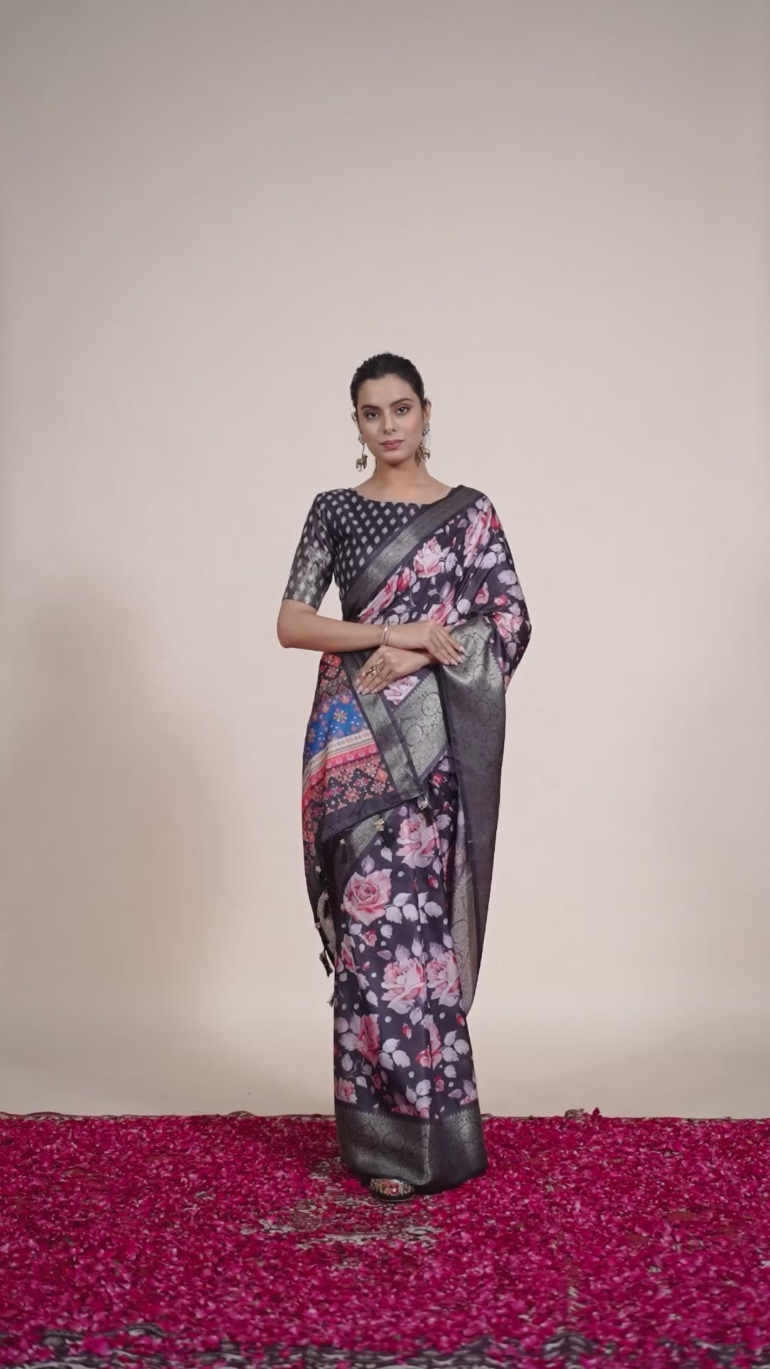 Premium Soft Silk Floral Printed Saree with Rich Black Silver Zari Woven Border