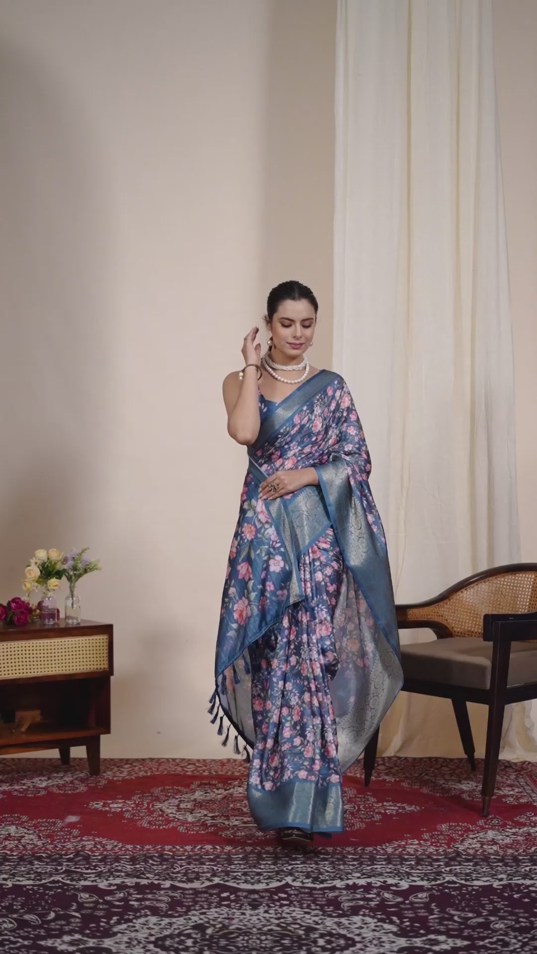 Premium Soft Silk Floral Printed Saree with Rich Silver Zari Woven Border