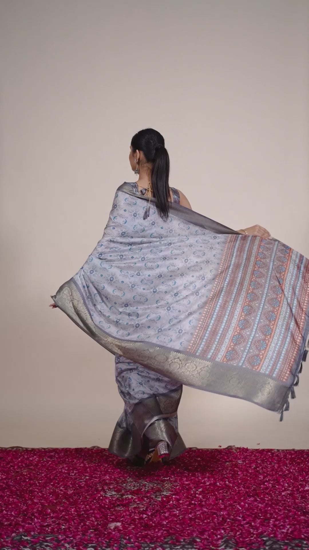 Premium Soft Silk Floral Printed Saree with Rich Silver Zari Woven Border