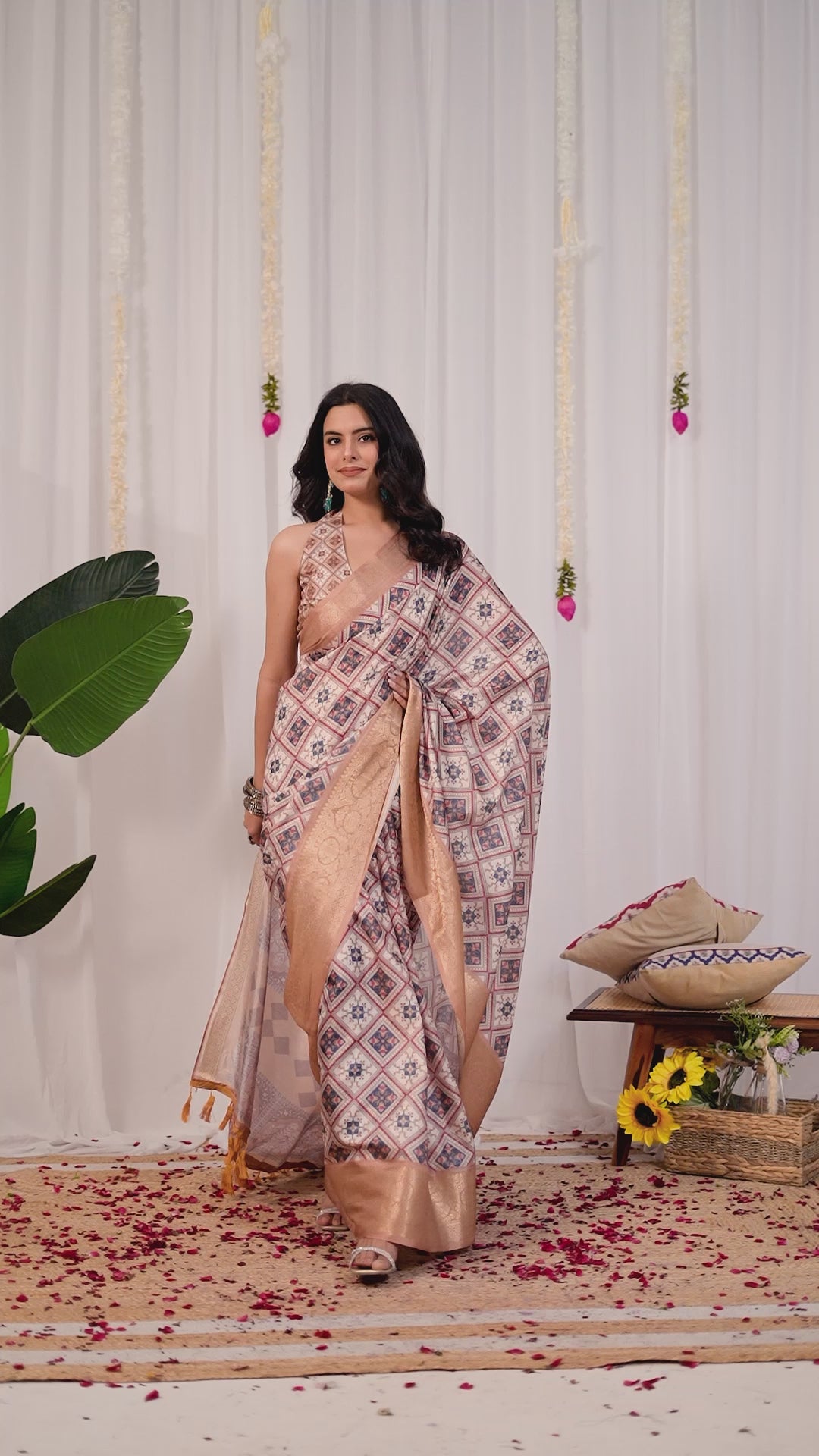 Premium Soft Silk Geometric Printed Saree with Rich Gold Zari Woven Border