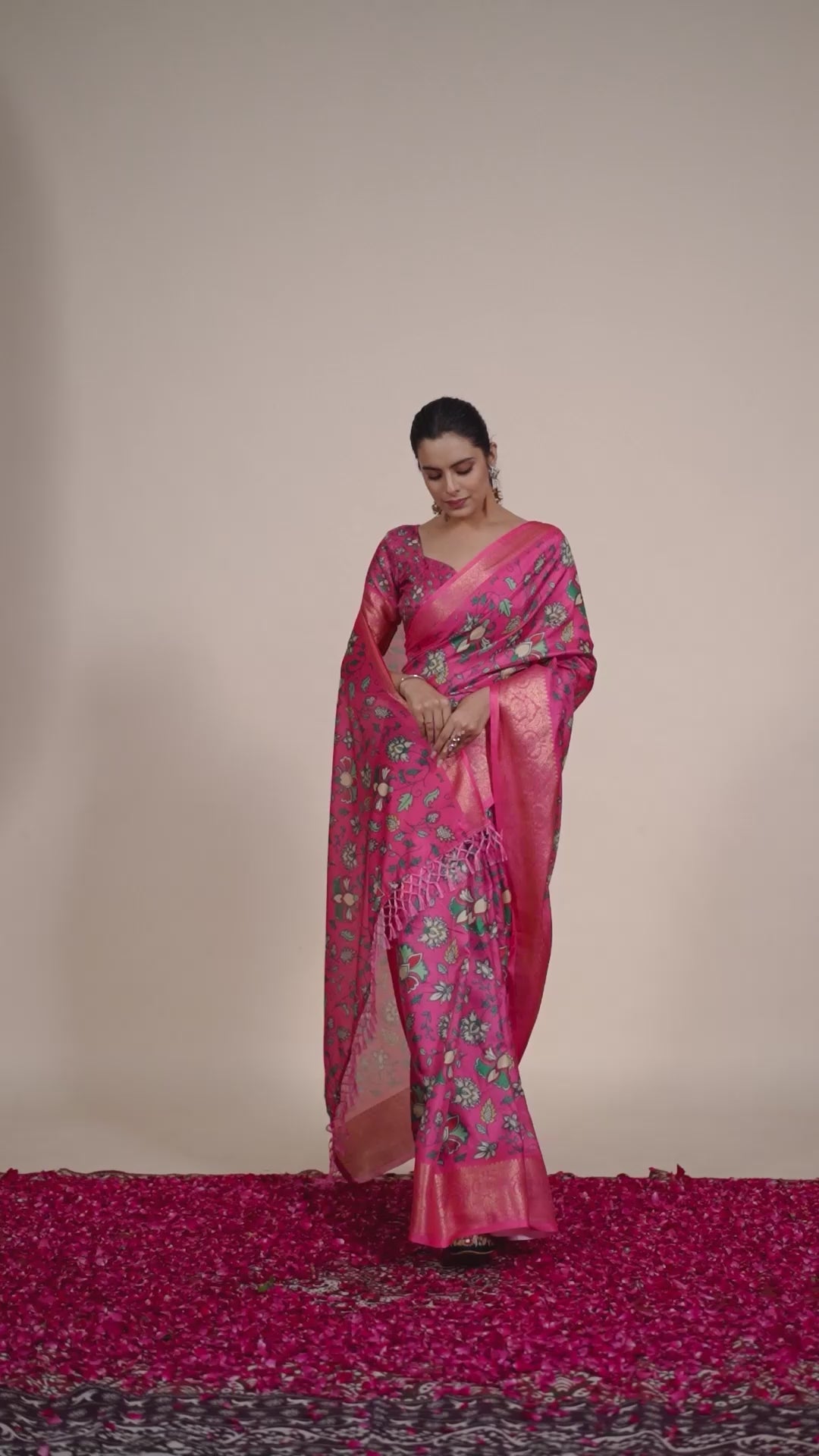 Premium Soft Silk Floral Printed Saree with Rich Pink Zari Woven Border