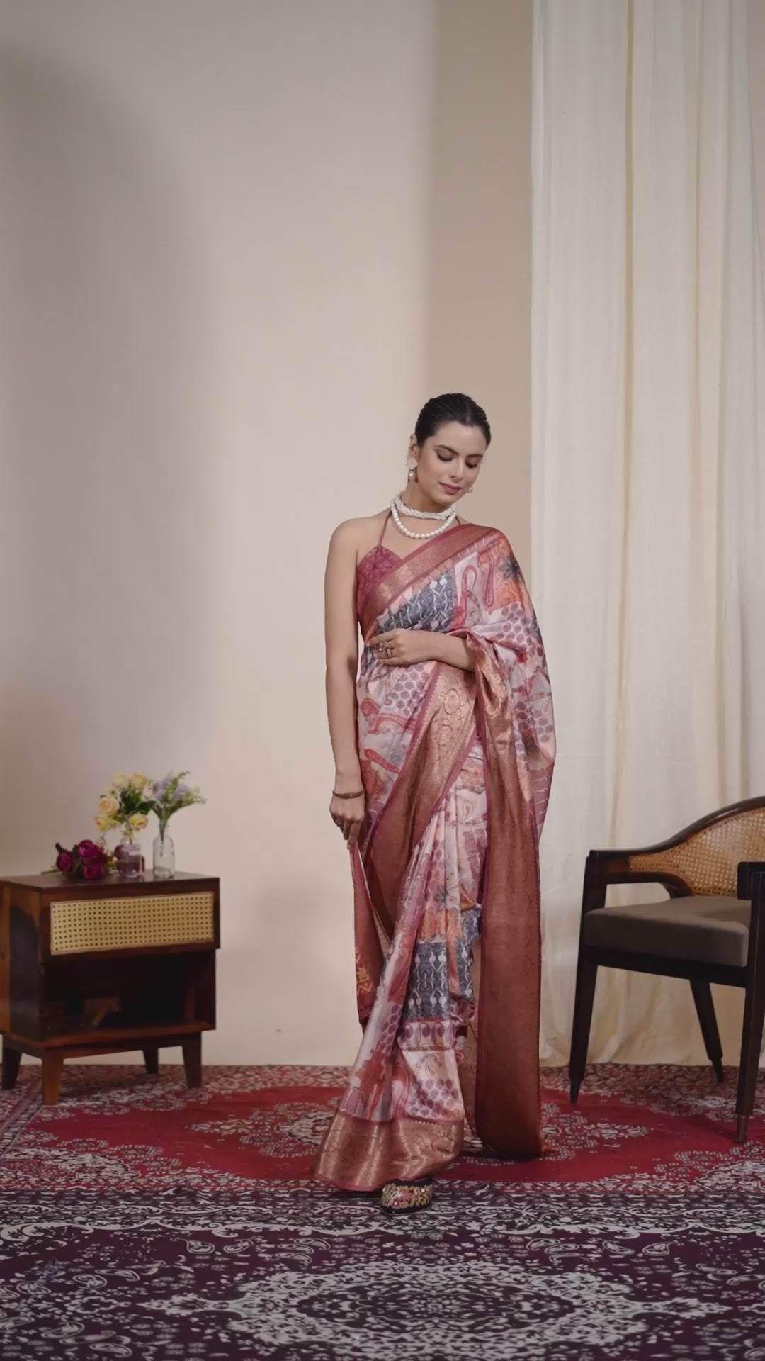 Premium Soft Silk Abstract Printed Saree with Rich Rose Gold Zari Woven Border