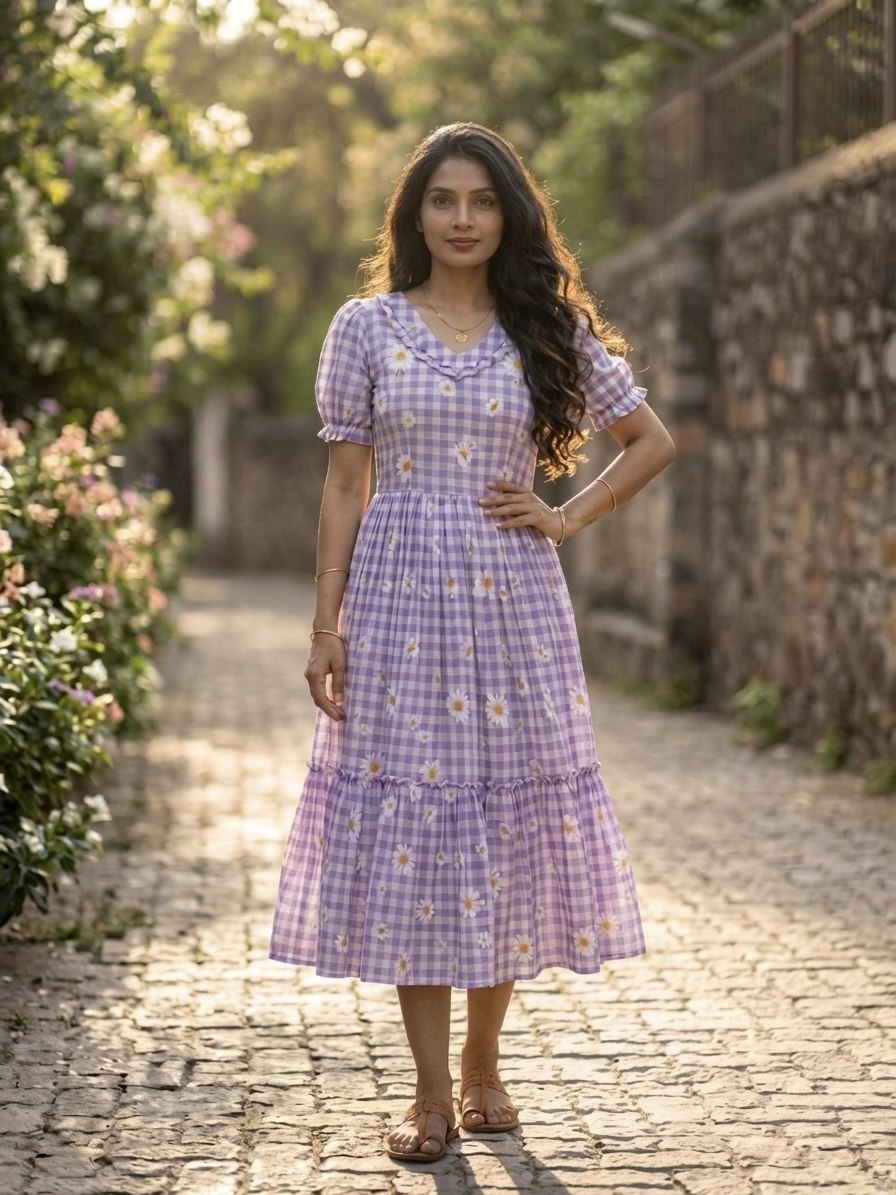 Print Anarkali Kurti with Puff Sleeves