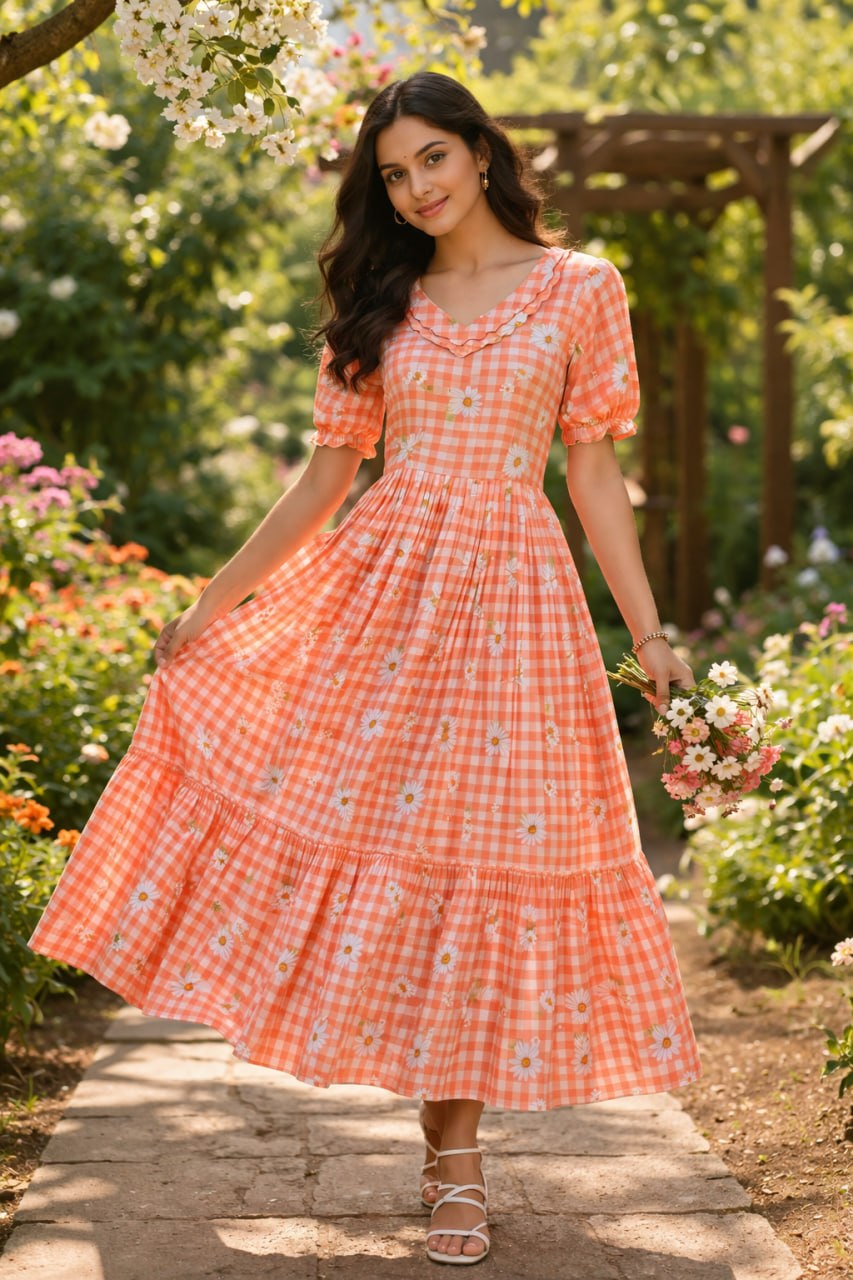 Print Anarkali Kurti with Puff Sleeves
