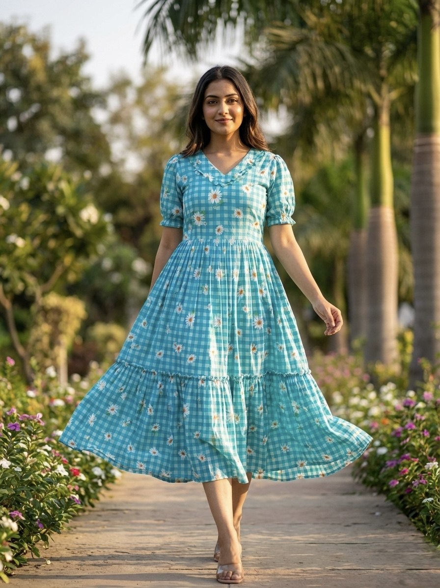 Print Anarkali Kurti with Puff Sleeves
