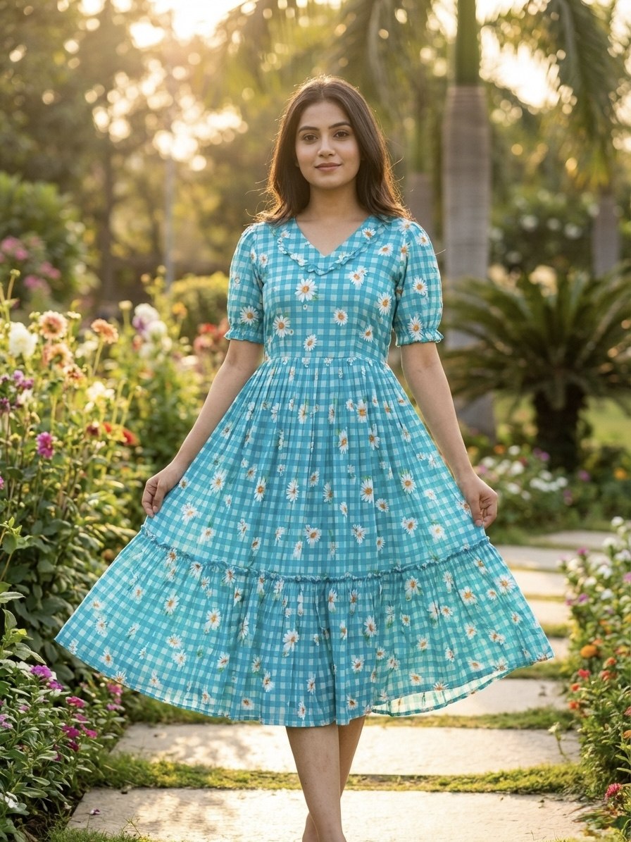 Print Anarkali Kurti with Puff Sleeves