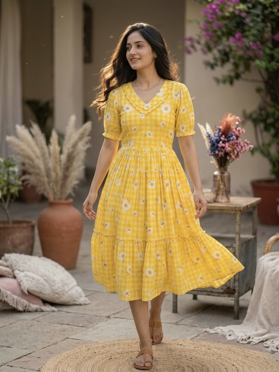 Print Anarkali Kurti with Puff Sleeves