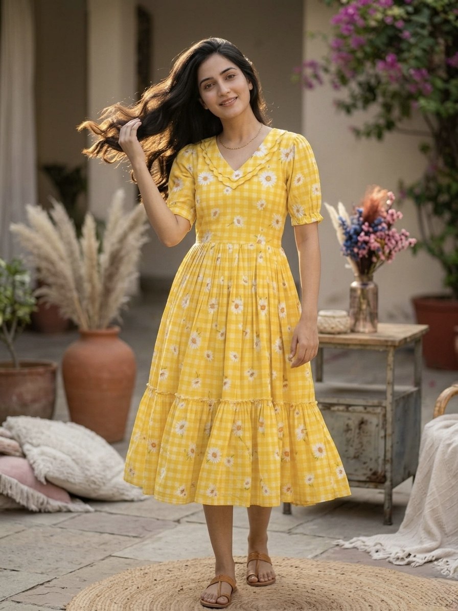 Print Anarkali Kurti with Puff Sleeves