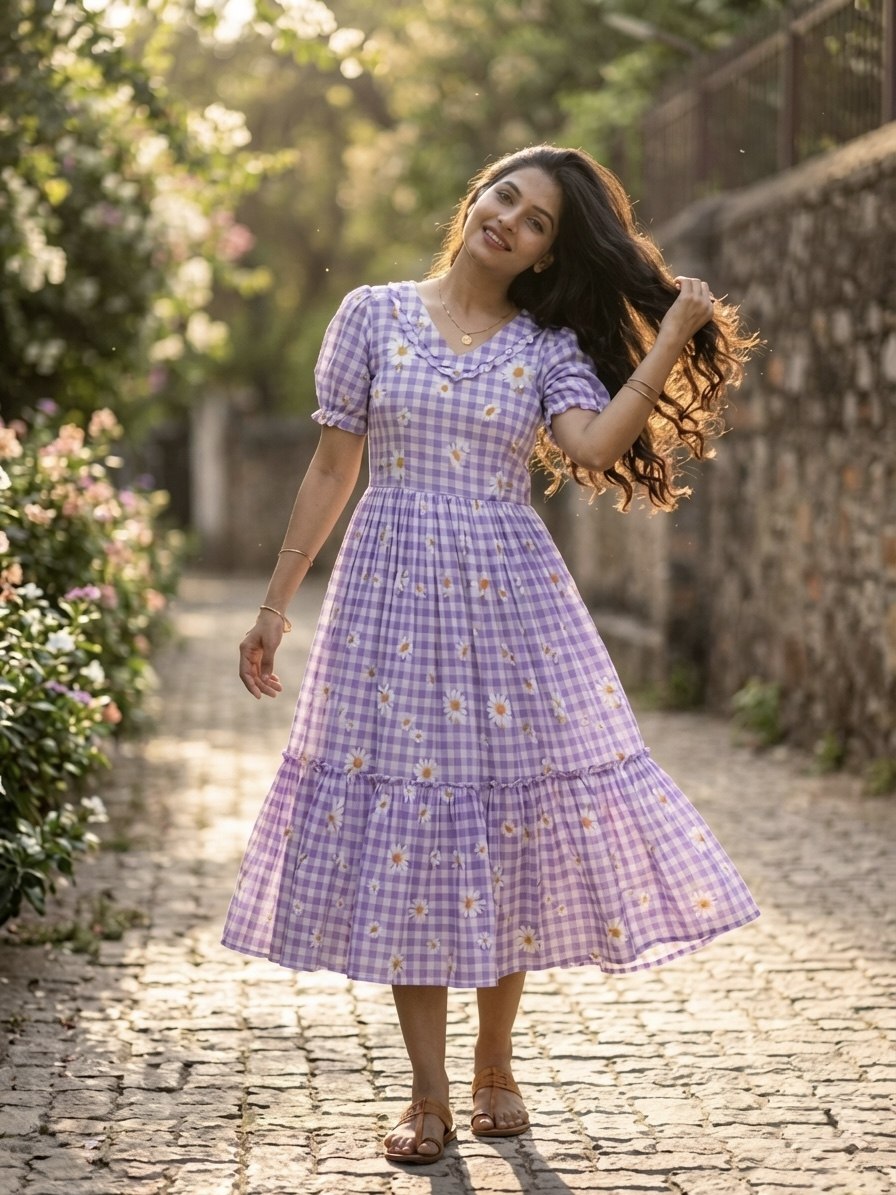 Print Anarkali Kurti with Puff Sleeves