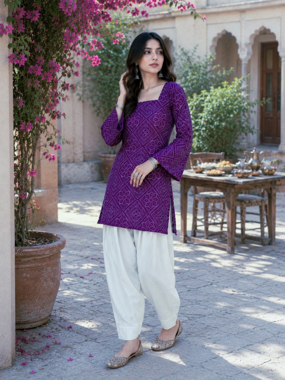 Print Kurti with Linen Cotton Farsi Pant Set