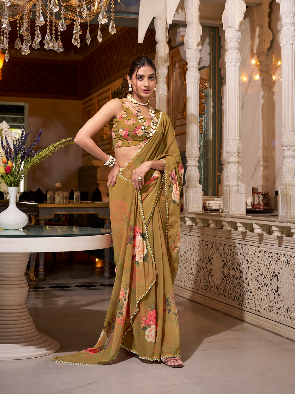 Brown georgette plain saree with printed pearl lace border