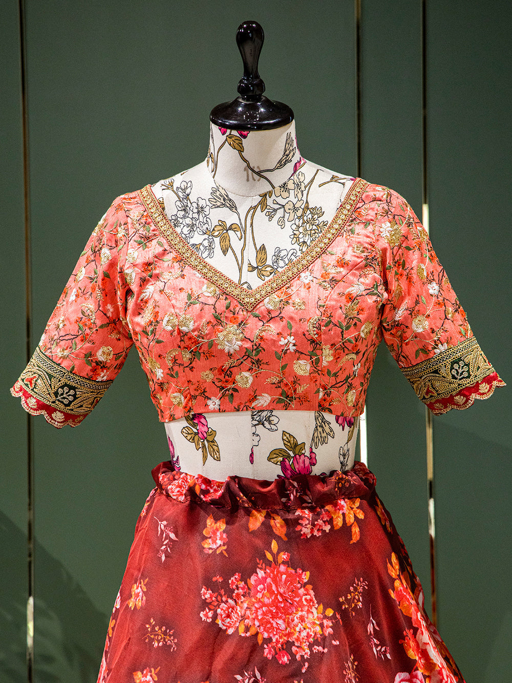 Red Color Floral Printed Organza Lehenga Choli