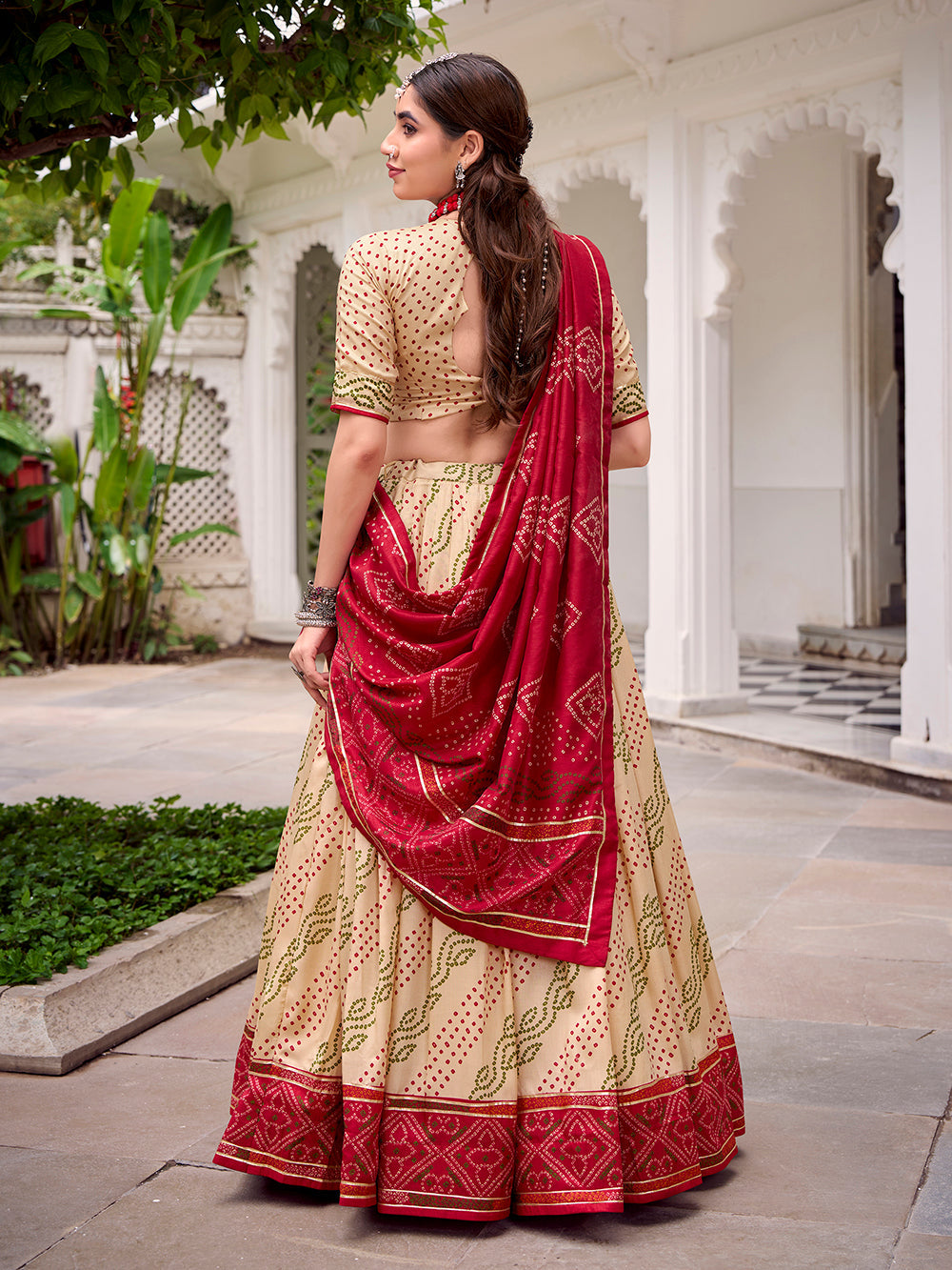 Off white tasar silk bandhej print lehenga choli with gotta patti lace work 4 meter flair