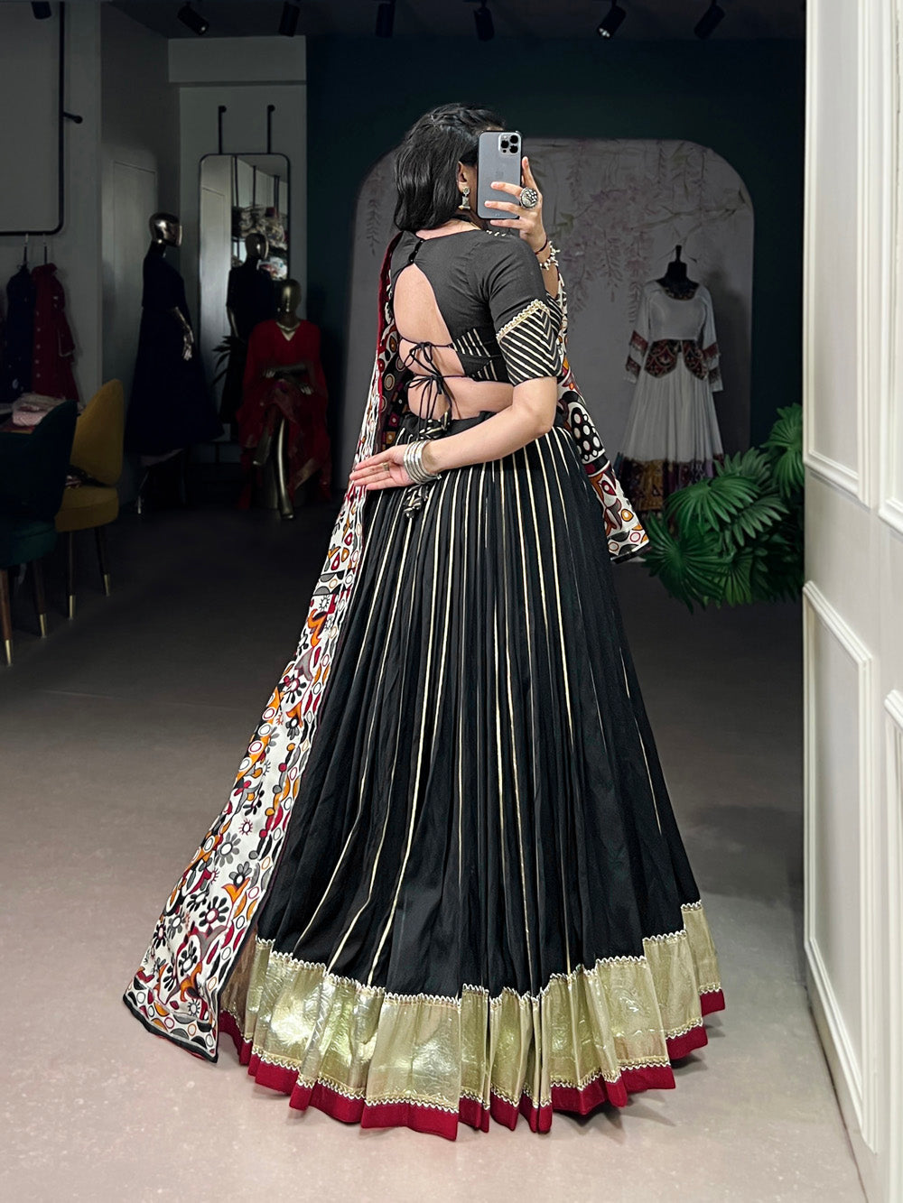 Black color zari weaving work with embossed design chanderi lehenga choli