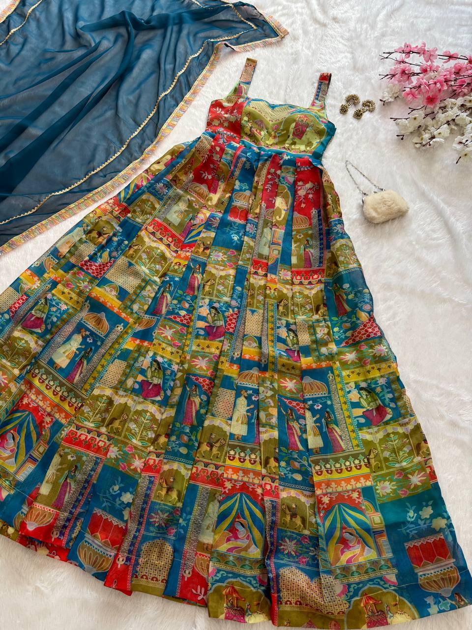 Printed Designer Jimmy Organza Silk Digital Anarkali Gown with Georgette Dupatta