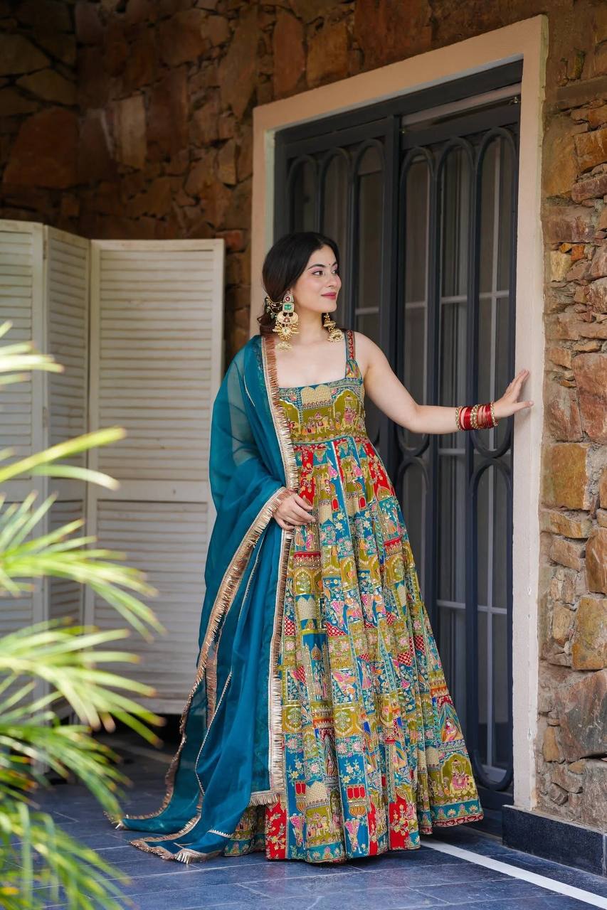Printed Designer Jimmy Organza Silk Digital Anarkali Gown with Georgette Dupatta