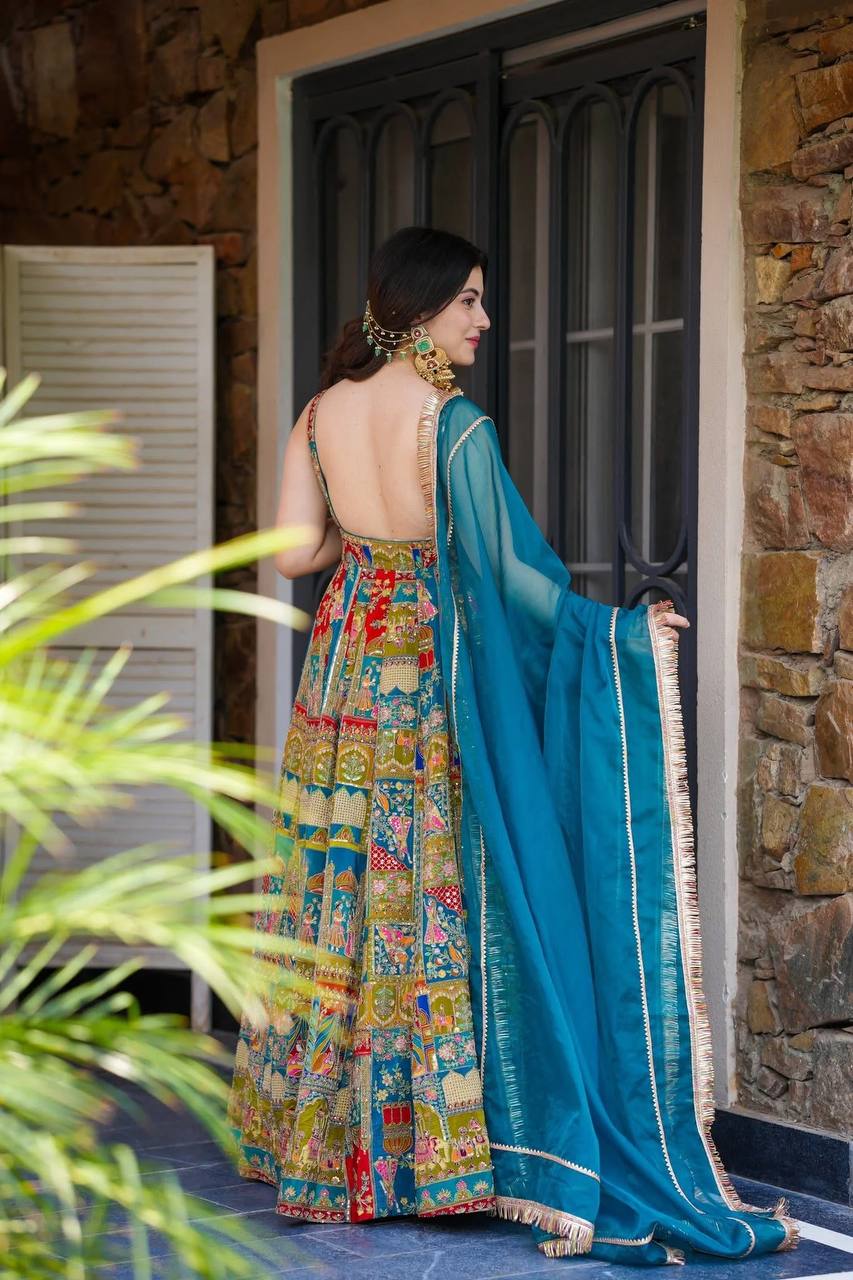 Printed Designer Jimmy Organza Silk Digital Anarkali Gown with Georgette Dupatta