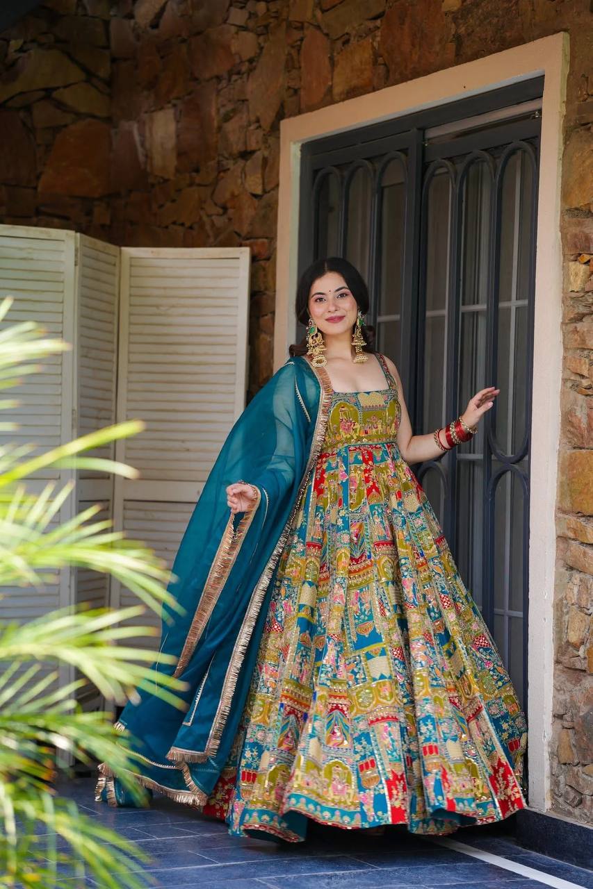 Printed Designer Jimmy Organza Silk Digital Anarkali Gown with Georgette Dupatta