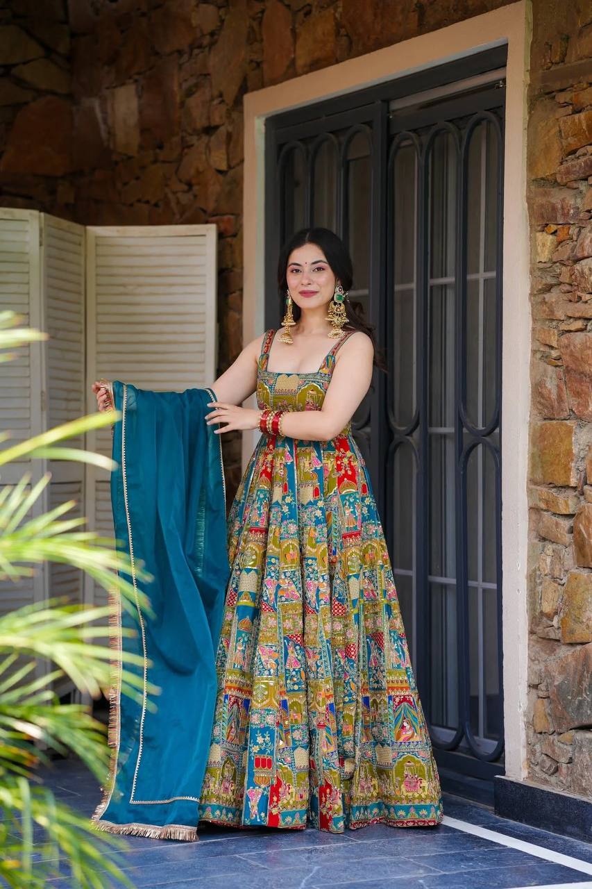 Printed Designer Jimmy Organza Silk Digital Anarkali Gown with Georgette Dupatta