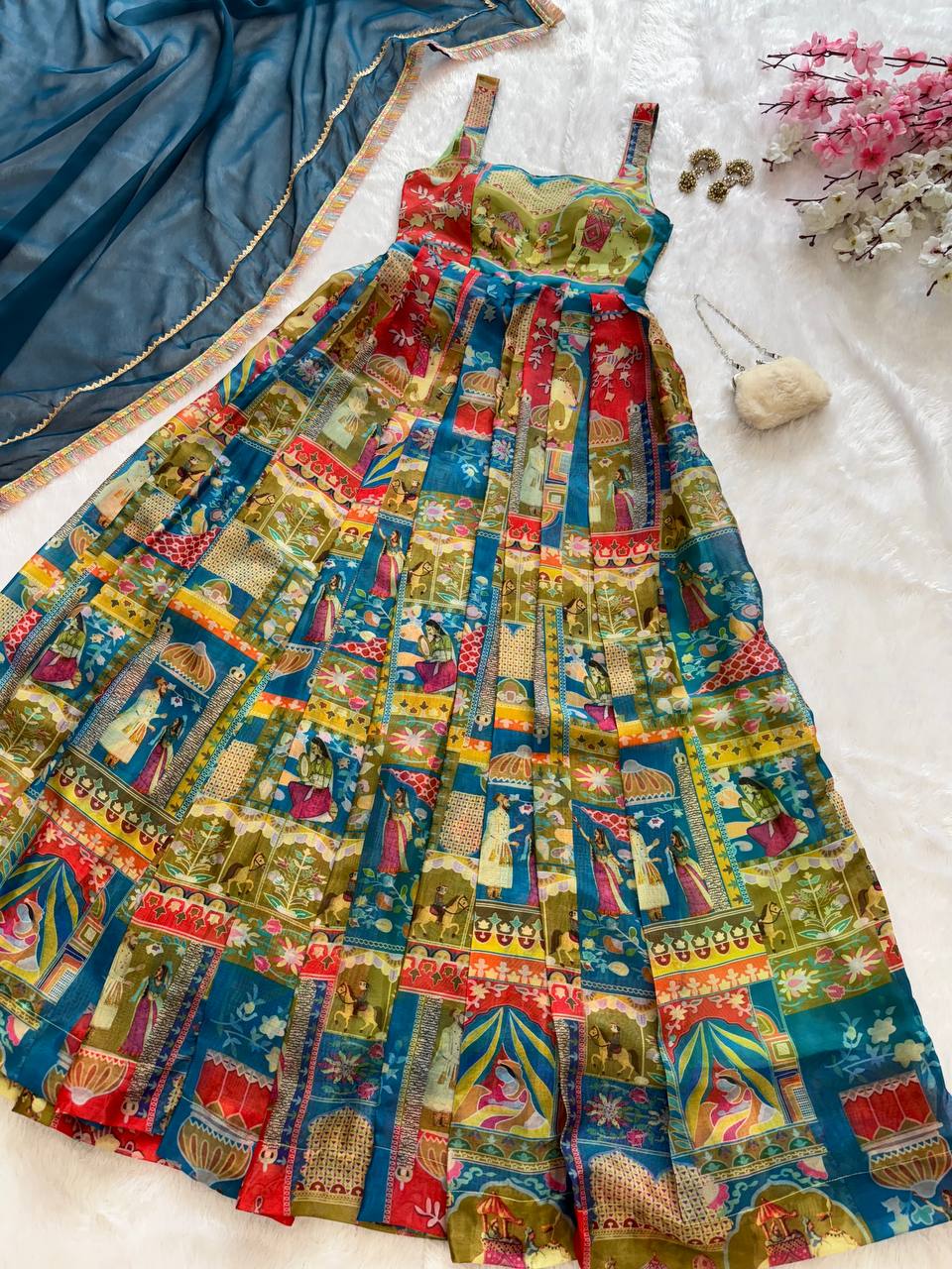 Printed Designer Jimmy Organza Silk Digital Anarkali Gown with Georgette Dupatta