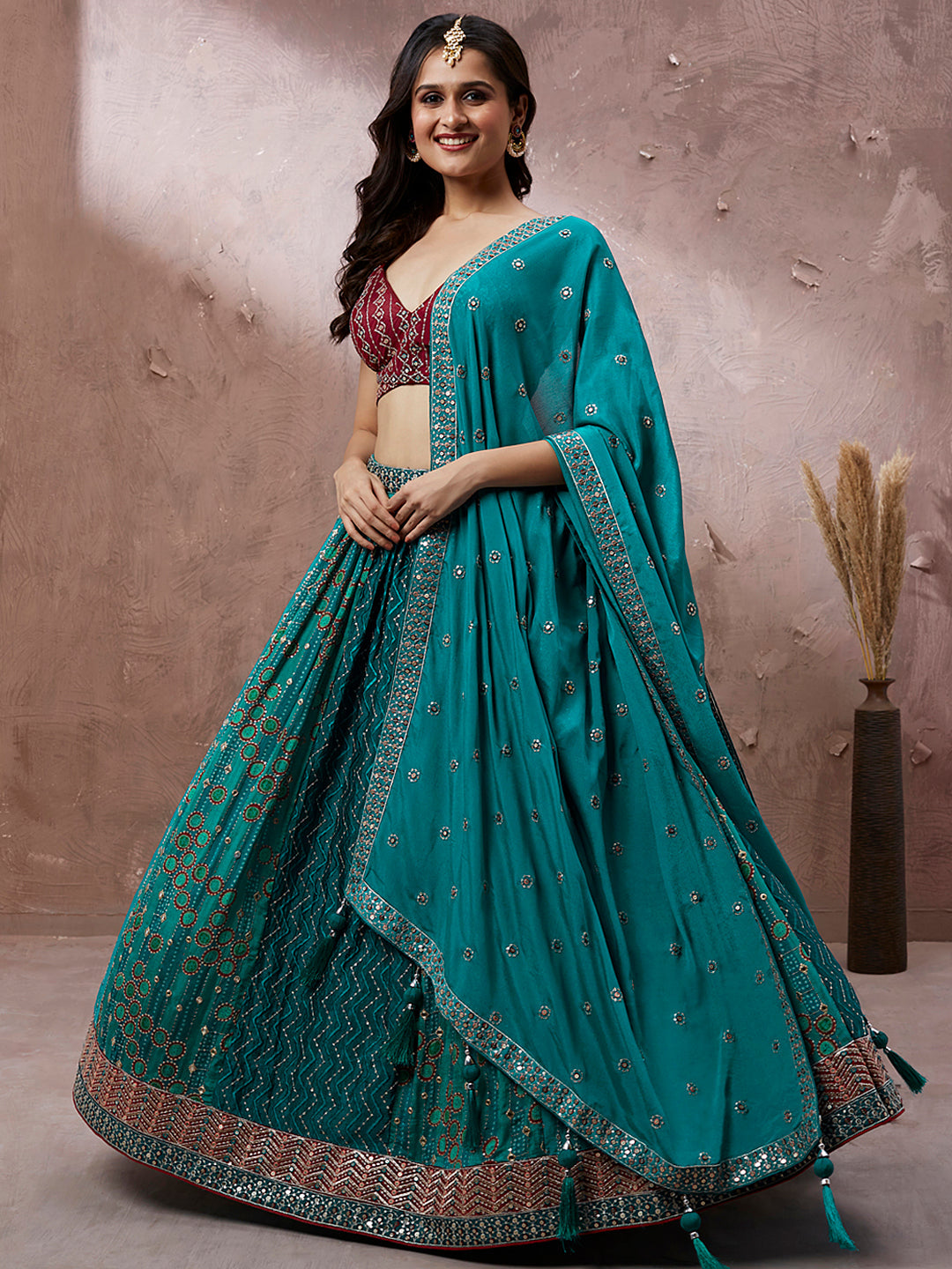 Printed embroidery Teal Georgette Sequin Semi-Stitched Lehenga choli