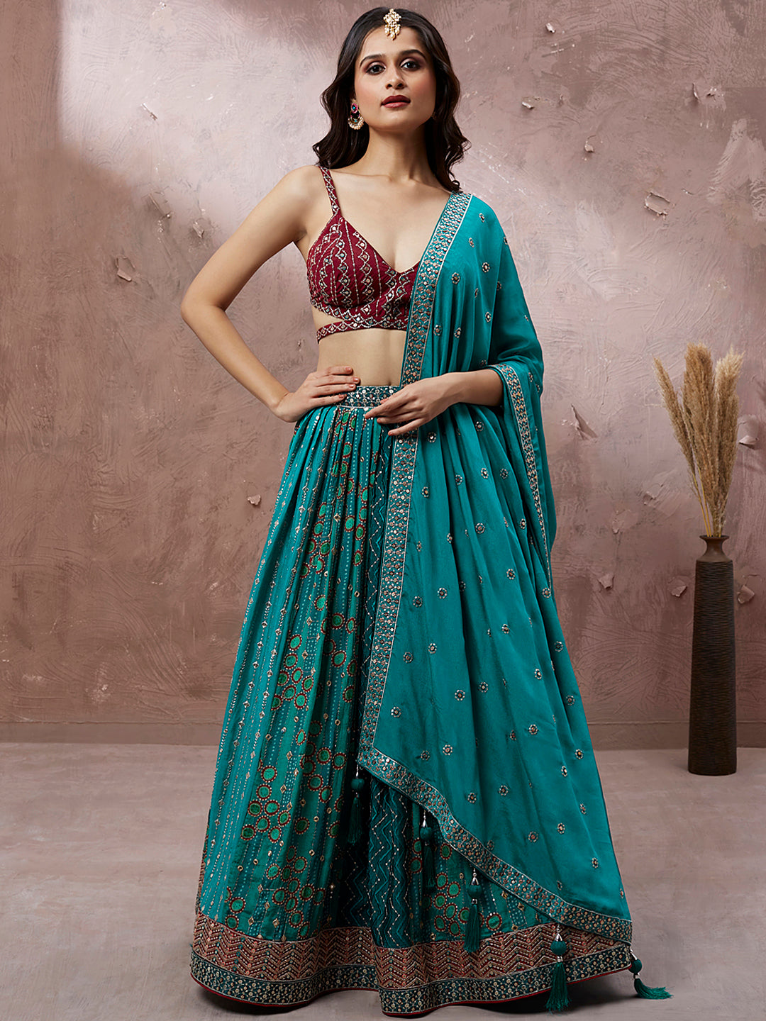 Printed embroidery Teal Georgette Sequin Semi-Stitched Lehenga choli