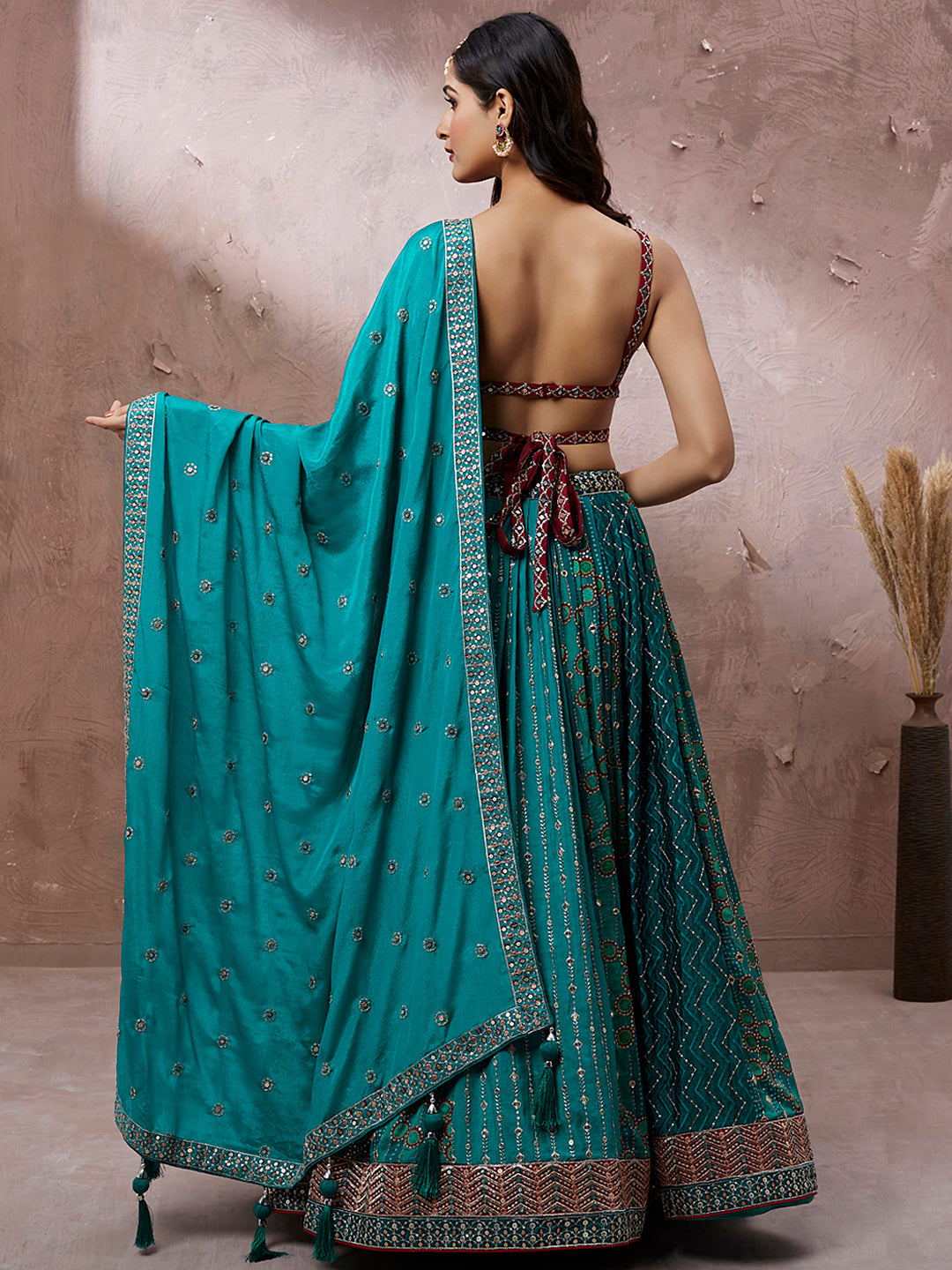 Printed embroidery Teal Georgette Sequin Semi-Stitched Lehenga choli