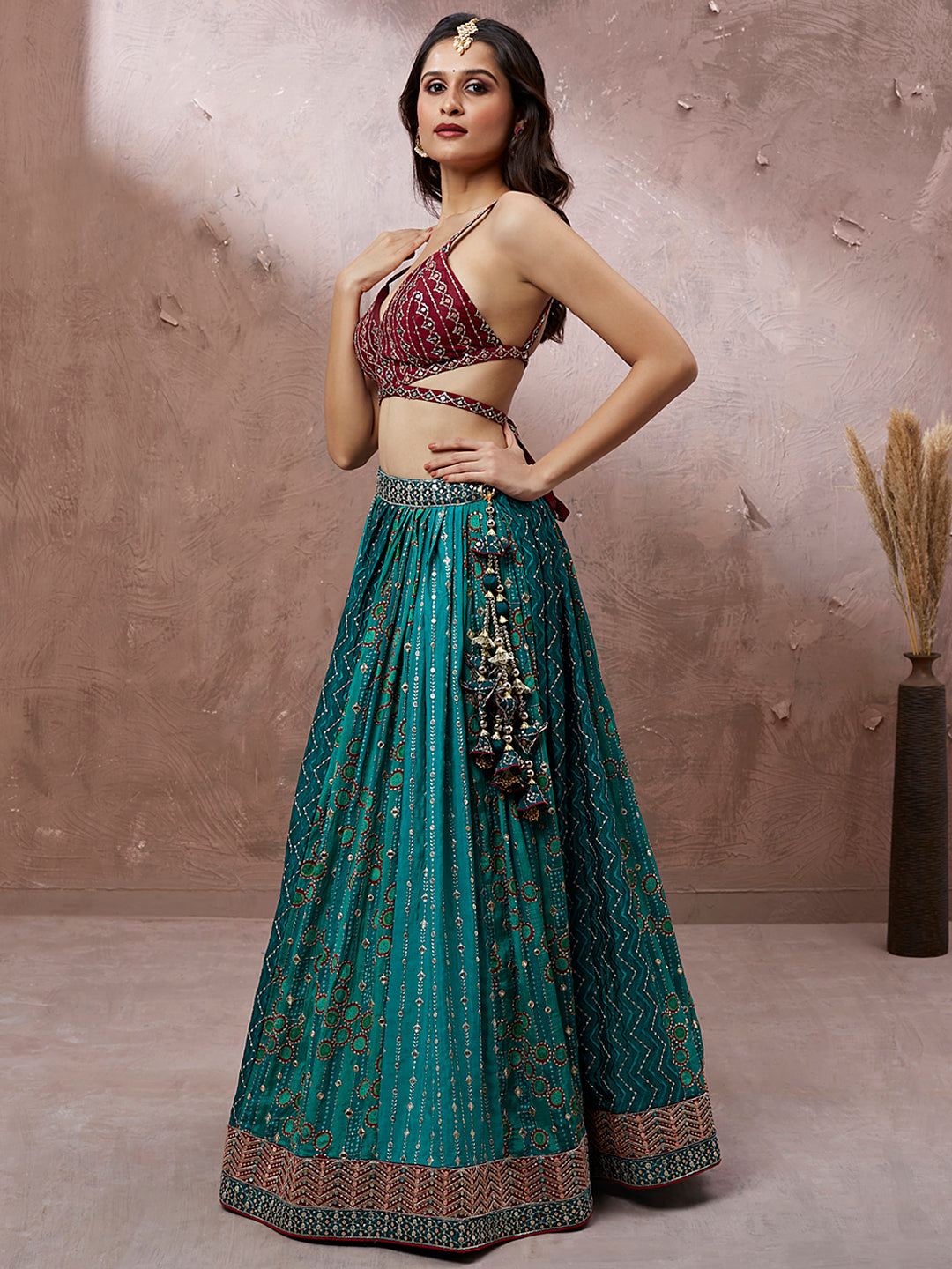 Printed embroidery Teal Georgette Sequin Semi-Stitched Lehenga choli