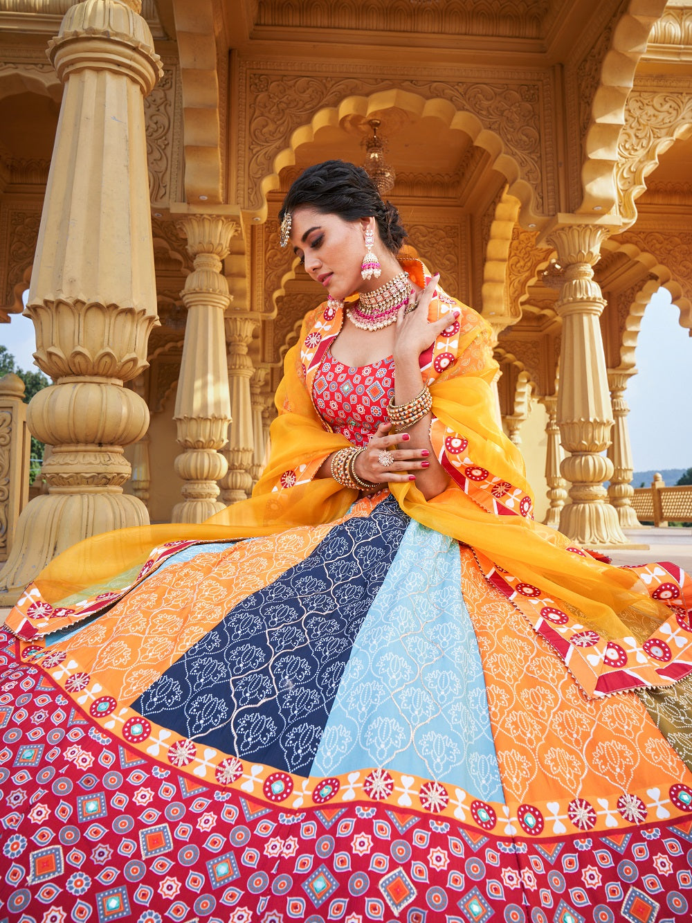Multi Color Printed & Real Mirror With Gota Pati Work Vaishali Silk Lehenga