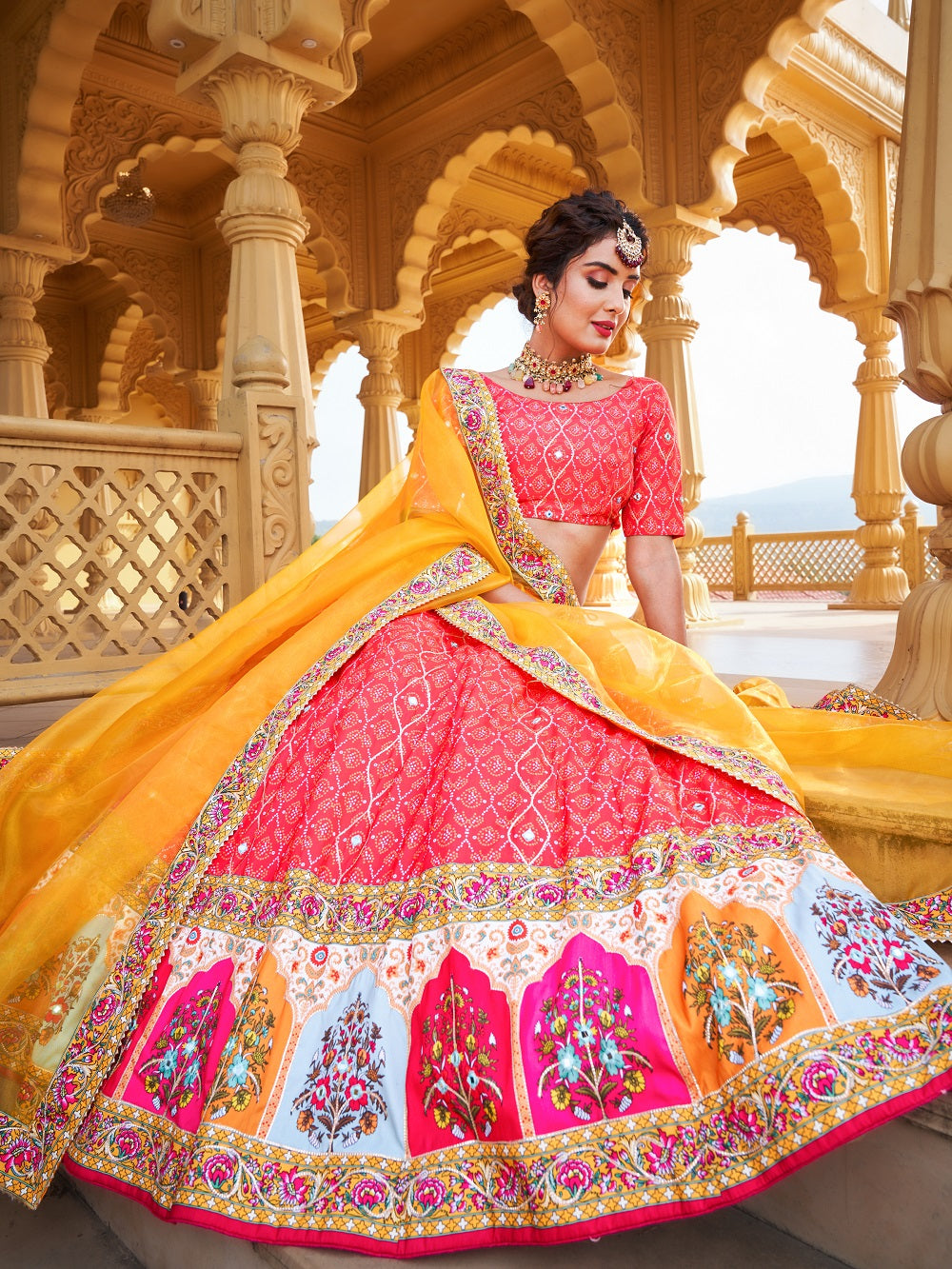 Pink Color Printed & Real Mirror With Gota Pati Work Vaishali Silk Lehenga