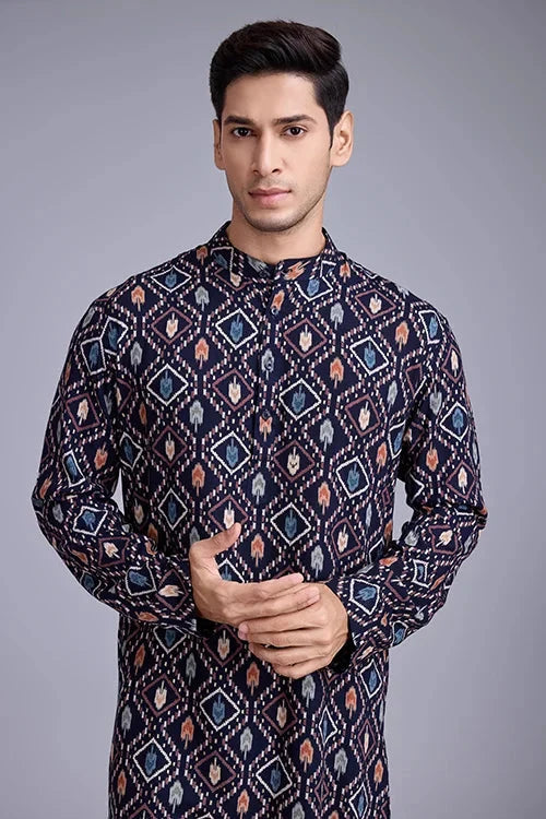 Exclusive Printed Navy Blue Kurta for Mens Wear Collection
