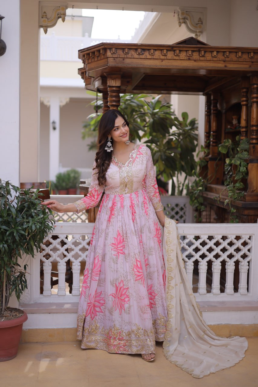 Printed Russian Silk Anarkali Gown