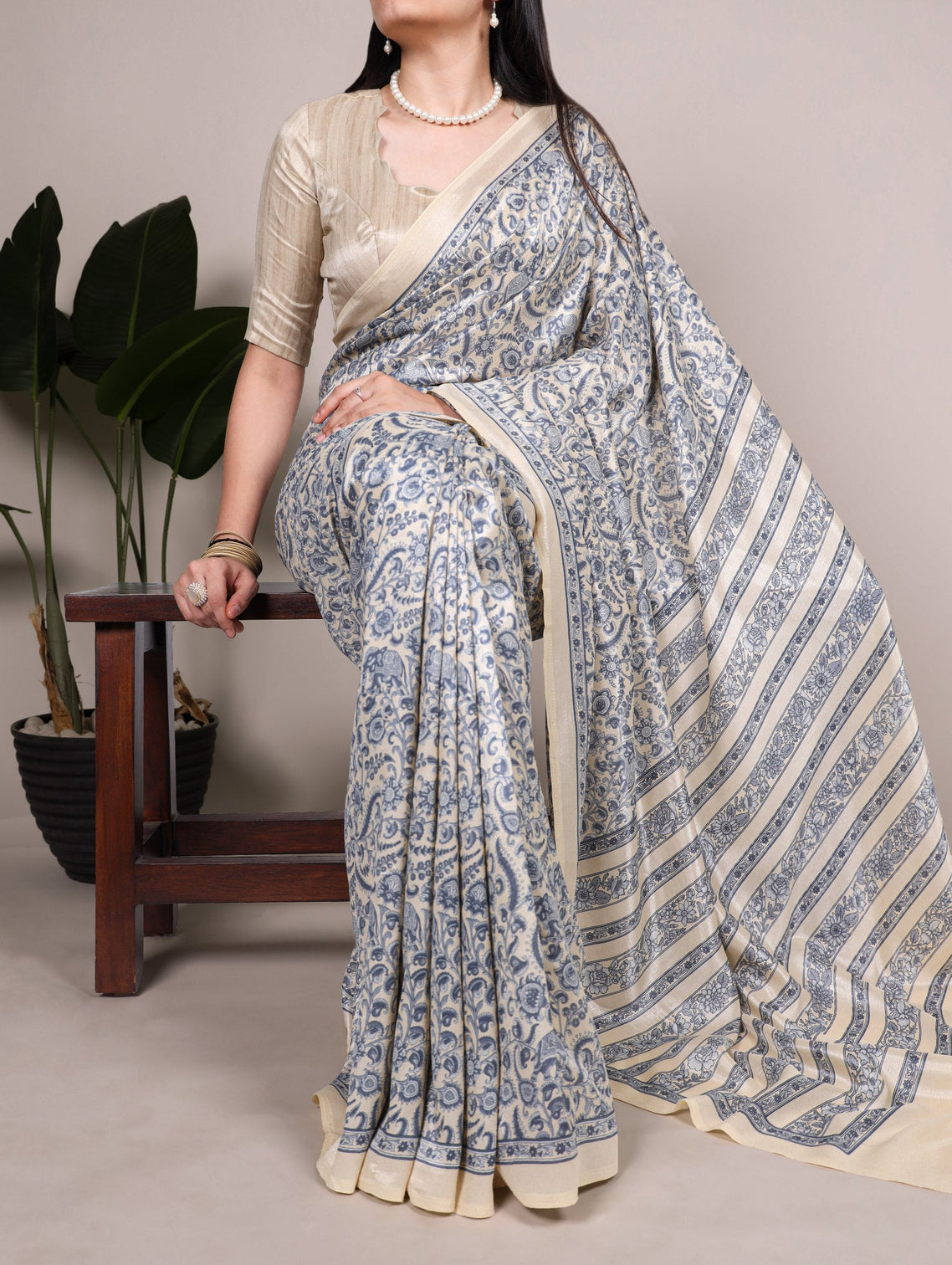Printed Tasar Silk Saree with Matching Unstitched Blouse
