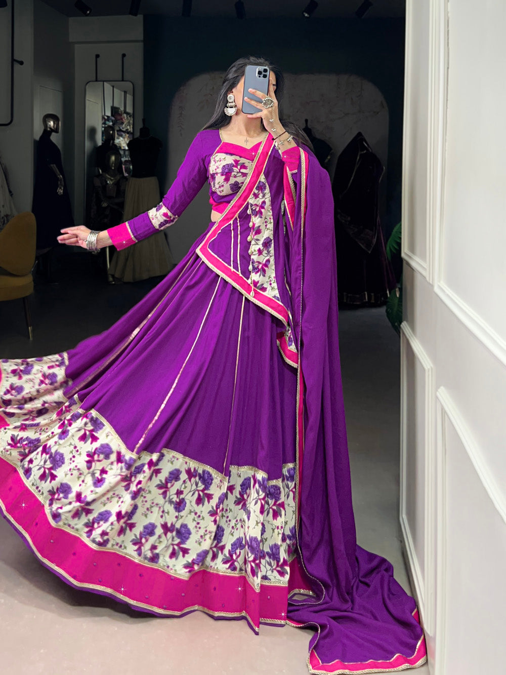Purple rayon floral print lehenga choli with original mirror hand work printed dupatta