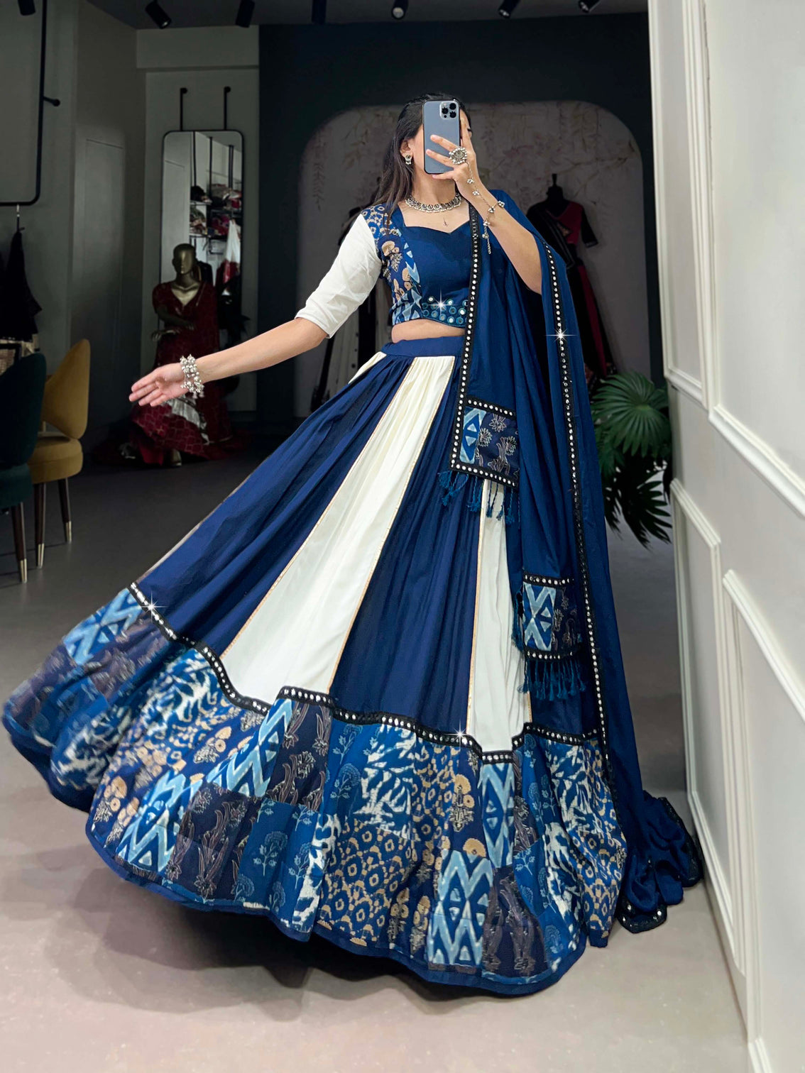Royal blue rayon gamthi lehenga choli with printed paper mirror work