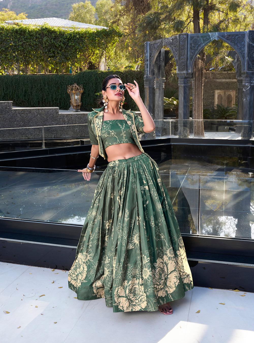 Bottle green tussar silk floral print crop top lehenga choli