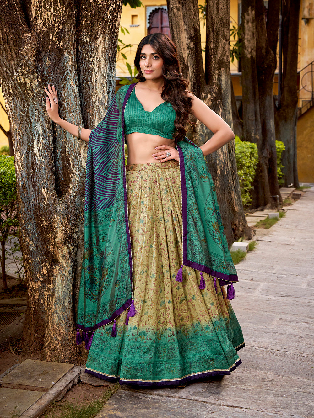 Firozi lehenga choli with printed blouse vichitra silk dupatta