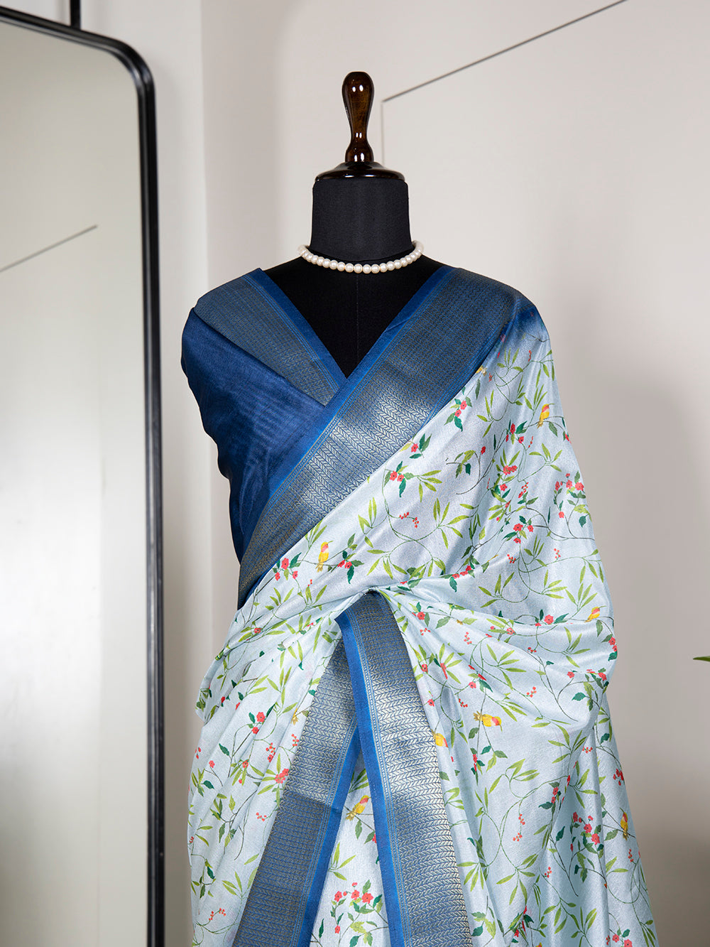 Sky Blue Color Printed With Zari Border Dola Silk Saree