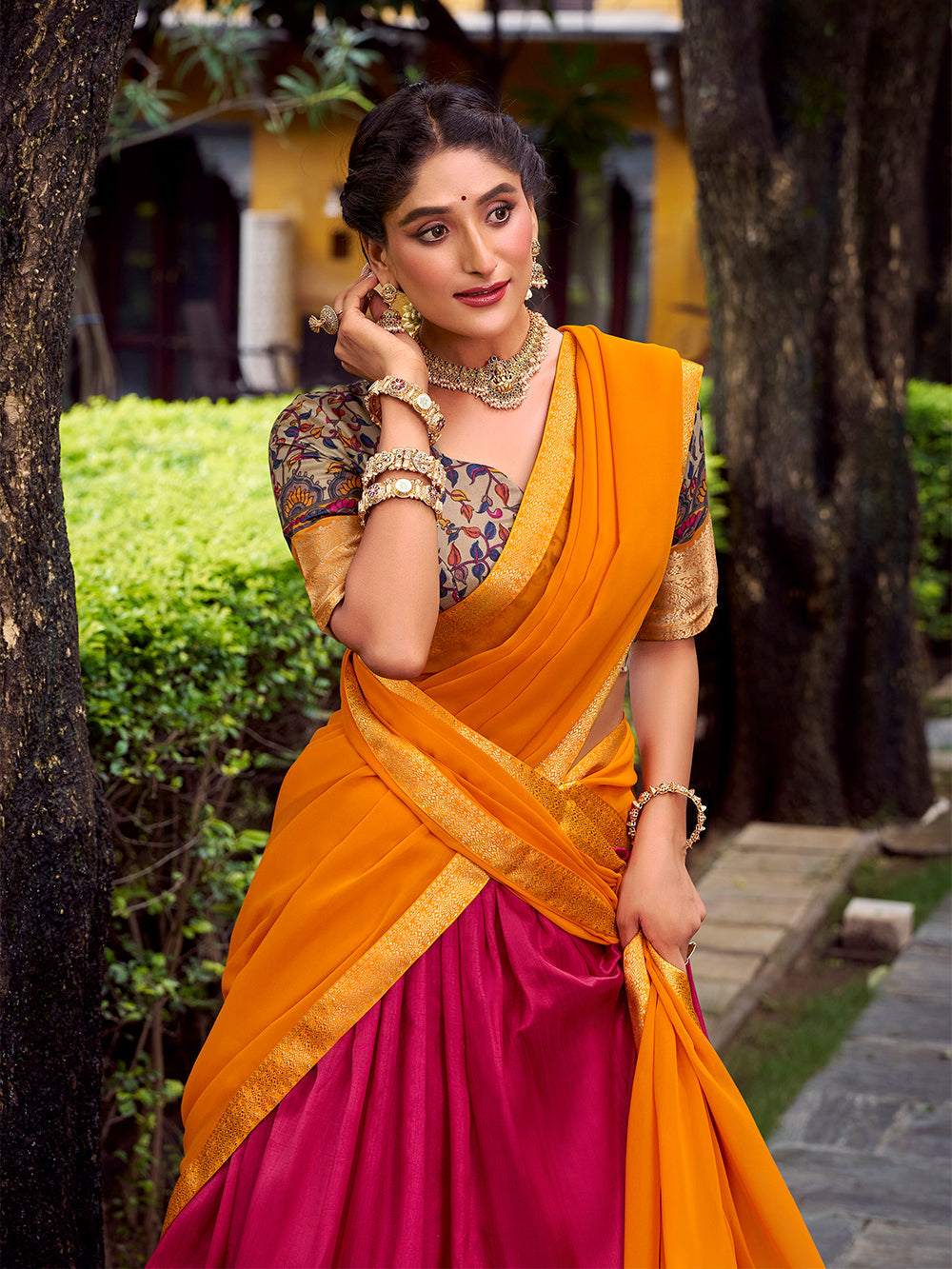 Pink color printed with zari weaving work astha silk lehenga choli