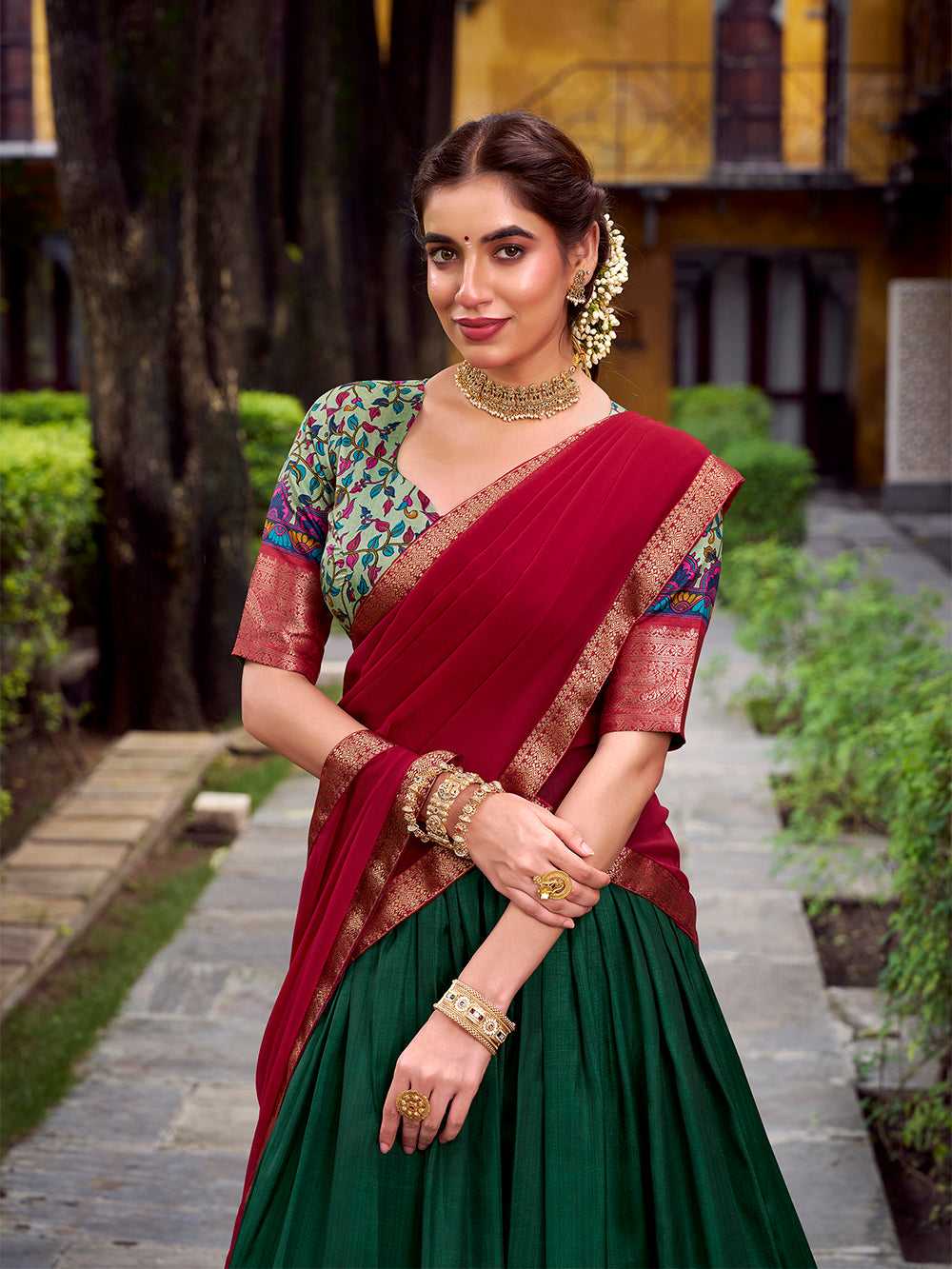 Green astha silk printed zari weaving work lehenga choli with georgette dupatta