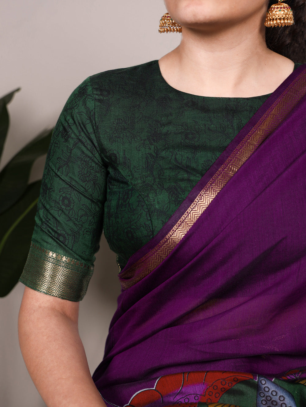 Purple floral printed viscose chanderi silk saree with zari lace border