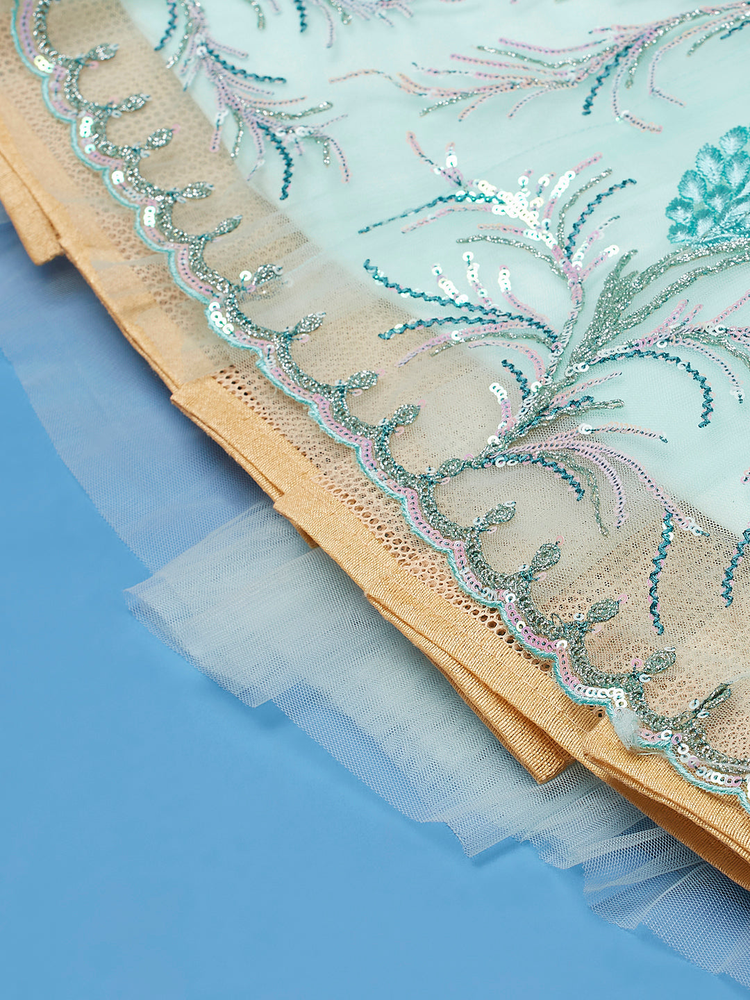 Turquoise Blue Net Sequinse Work Semi-Stitched Lehenga & Unstitched Blouse, Dupatta