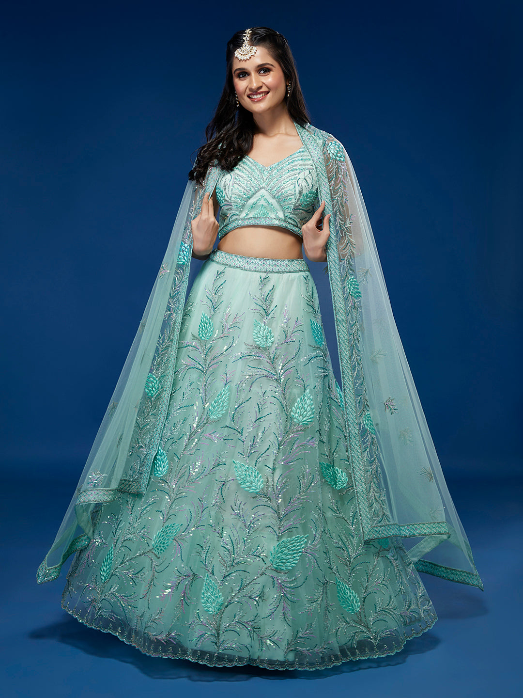 Turquoise Blue Net Sequinse Work Semi-Stitched Lehenga & Unstitched Blouse, Dupatta