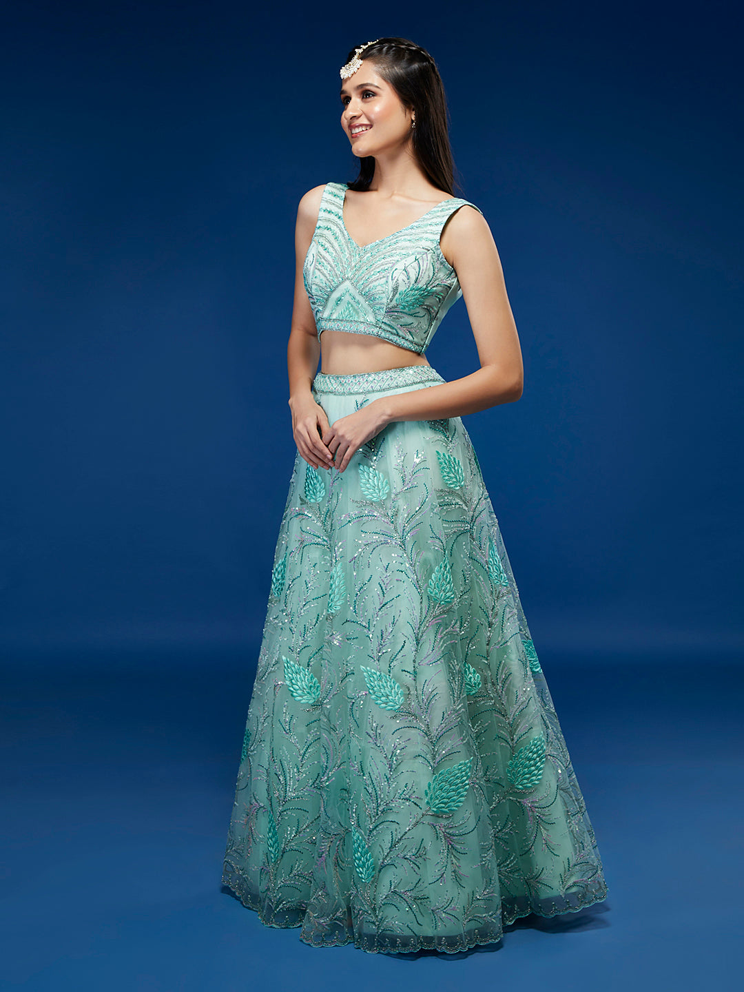 Turquoise Blue Net Sequinse Work Semi-Stitched Lehenga & Unstitched Blouse, Dupatta
