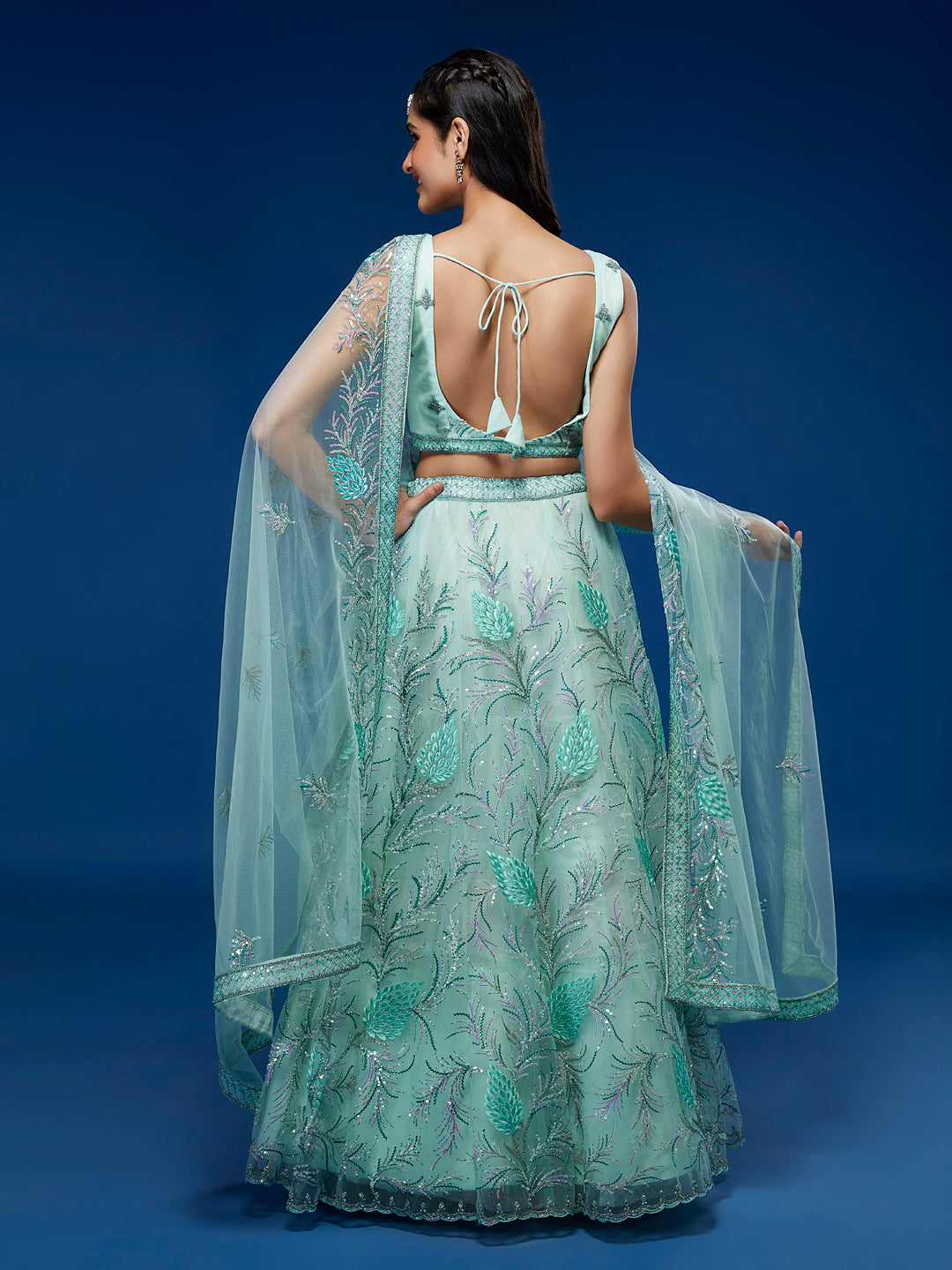 Turquoise Blue Net Sequinse Work Semi-Stitched Lehenga & Unstitched Blouse, Dupatta