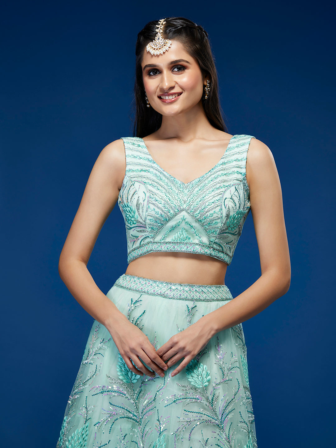 Turquoise Blue Net Sequinse Work Semi-Stitched Lehenga & Unstitched Blouse, Dupatta
